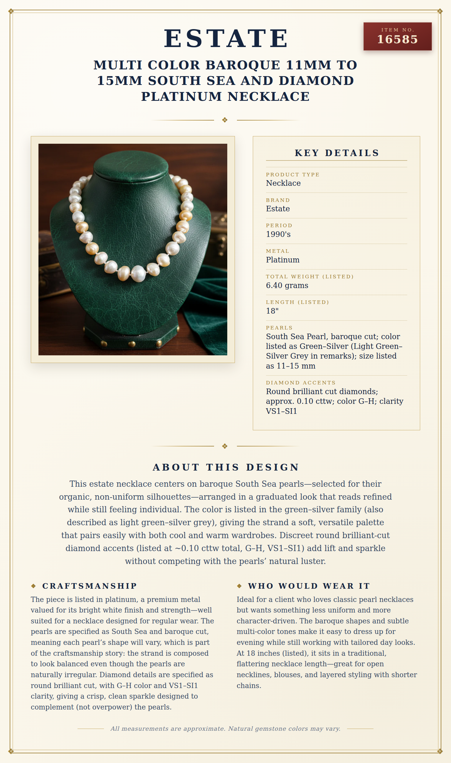 Estate Multi Color Baroque 11mm to 15mm South Sea and Diamond Platinum Necklace — anatomy card