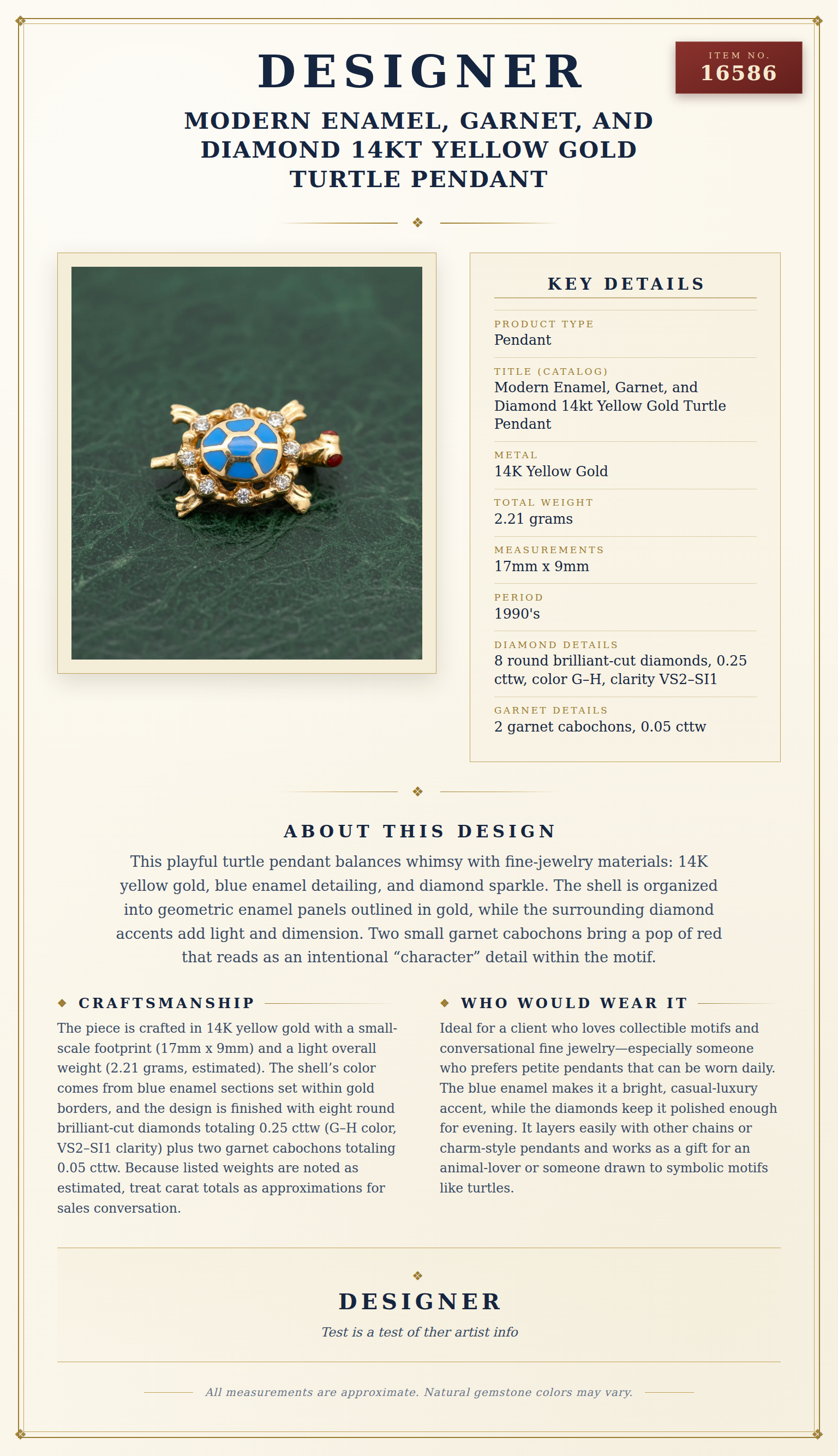 Modern Enamel, Garnet, and Diamond 14kt Yellow Gold Turtle Pendant — anatomy card
