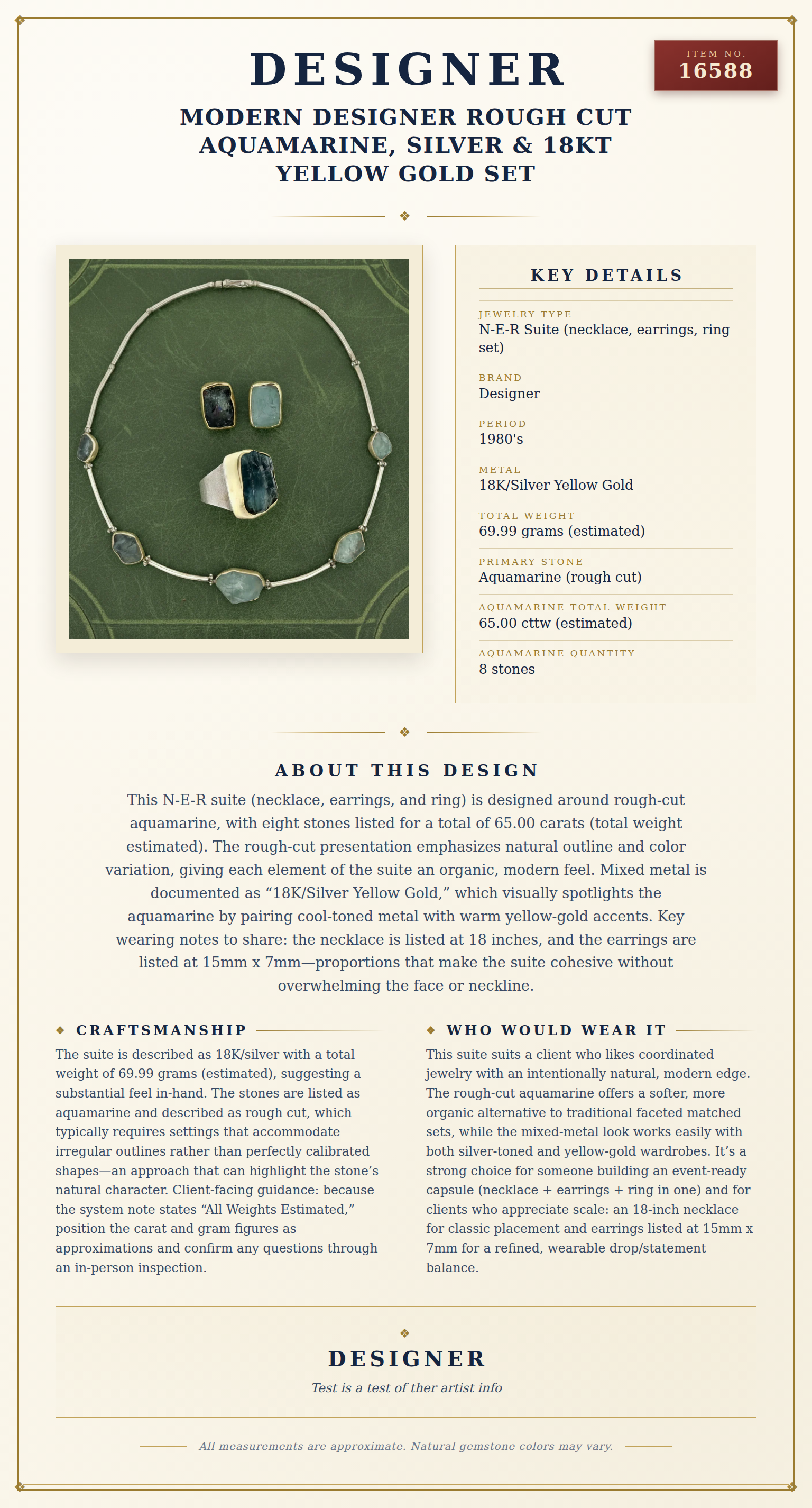 Modern Designer Rough Cut Aquamarine, Silver & 18kt Yellow Gold Set — anatomy card