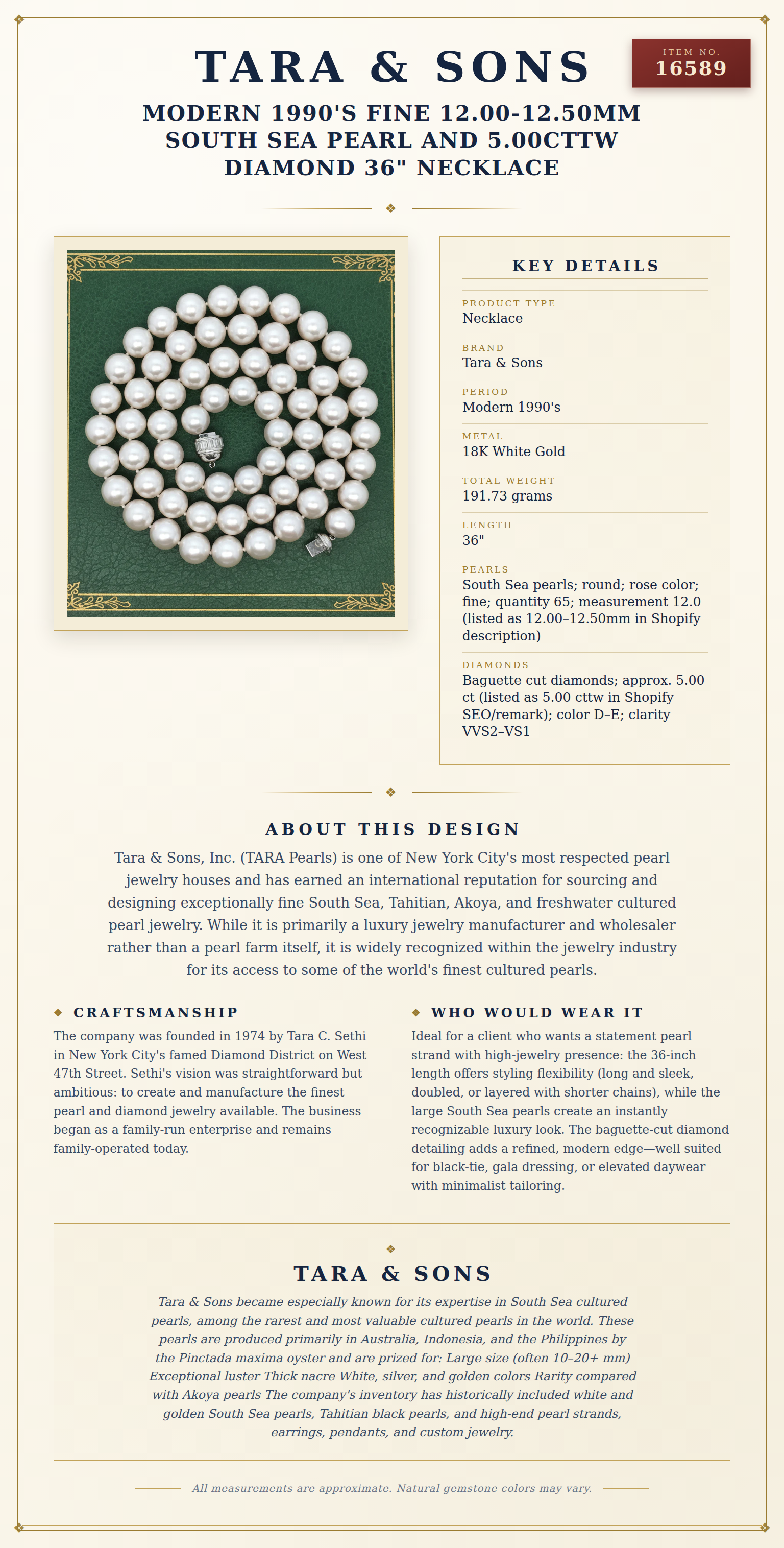 Modern 1990's Fine 12.00-12.50mm South Sea Pearl and 5.00cttw Diamond 36" Necklace — anatomy card