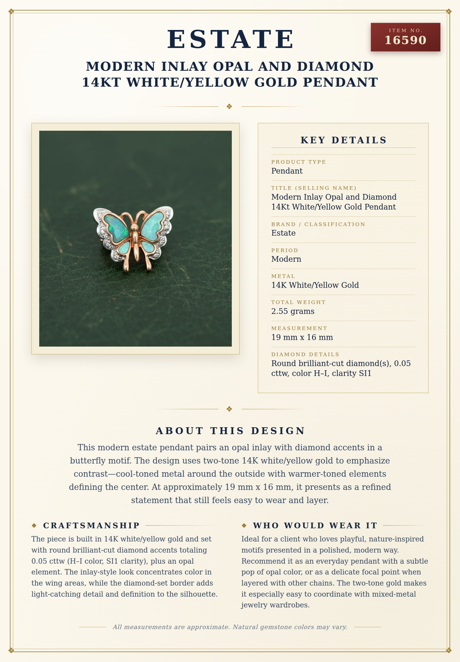 Modern Inlay Opal and Diamond 14Kt White/Yellow Gold Pendant — anatomy card