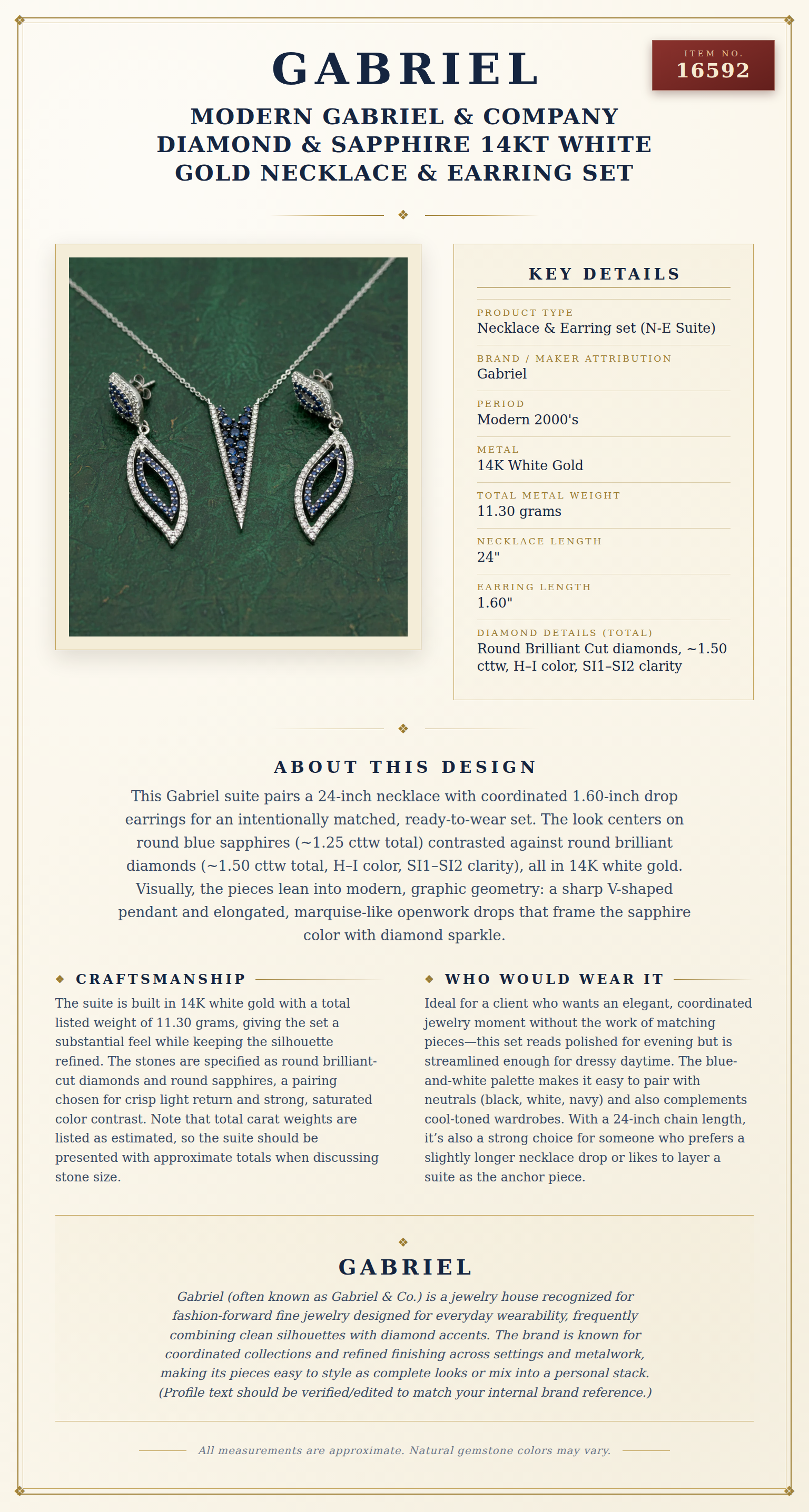 Modern Gabriel & Company Diamond & Sapphire 14Kt White Gold Necklace & Earring Set — anatomy card