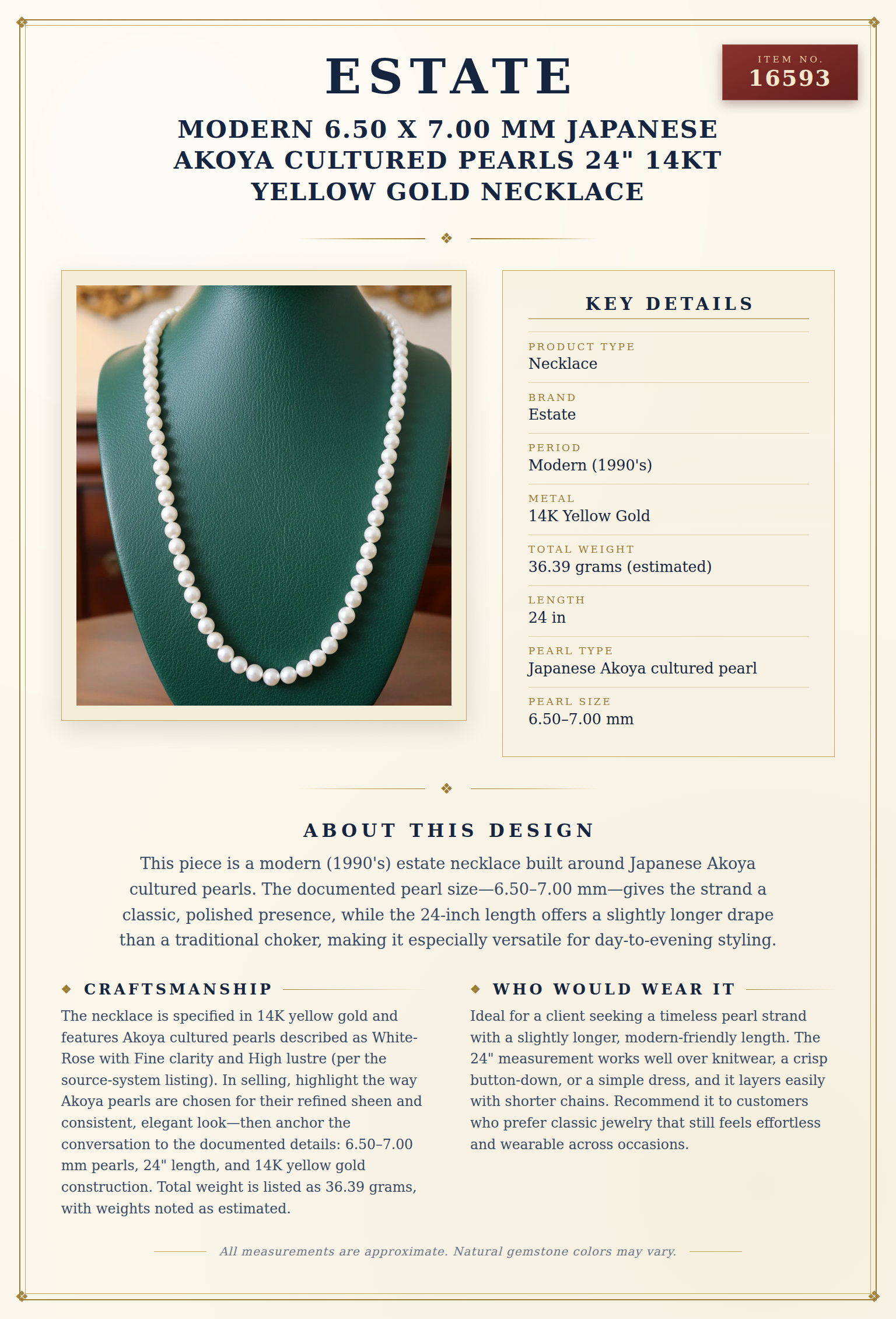 Modern 6.50 x 7.00 mm Japanese Akoya Cultured Pearls 24" 14kt Yellow Gold Necklace — anatomy card