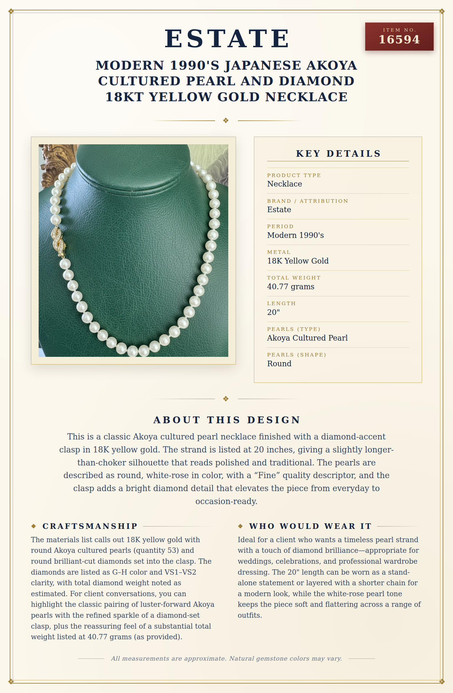 Modern 1990's  Japanese Akoya Cultured Pearl and Diamond 18kt Yellow Gold Necklace — anatomy card
