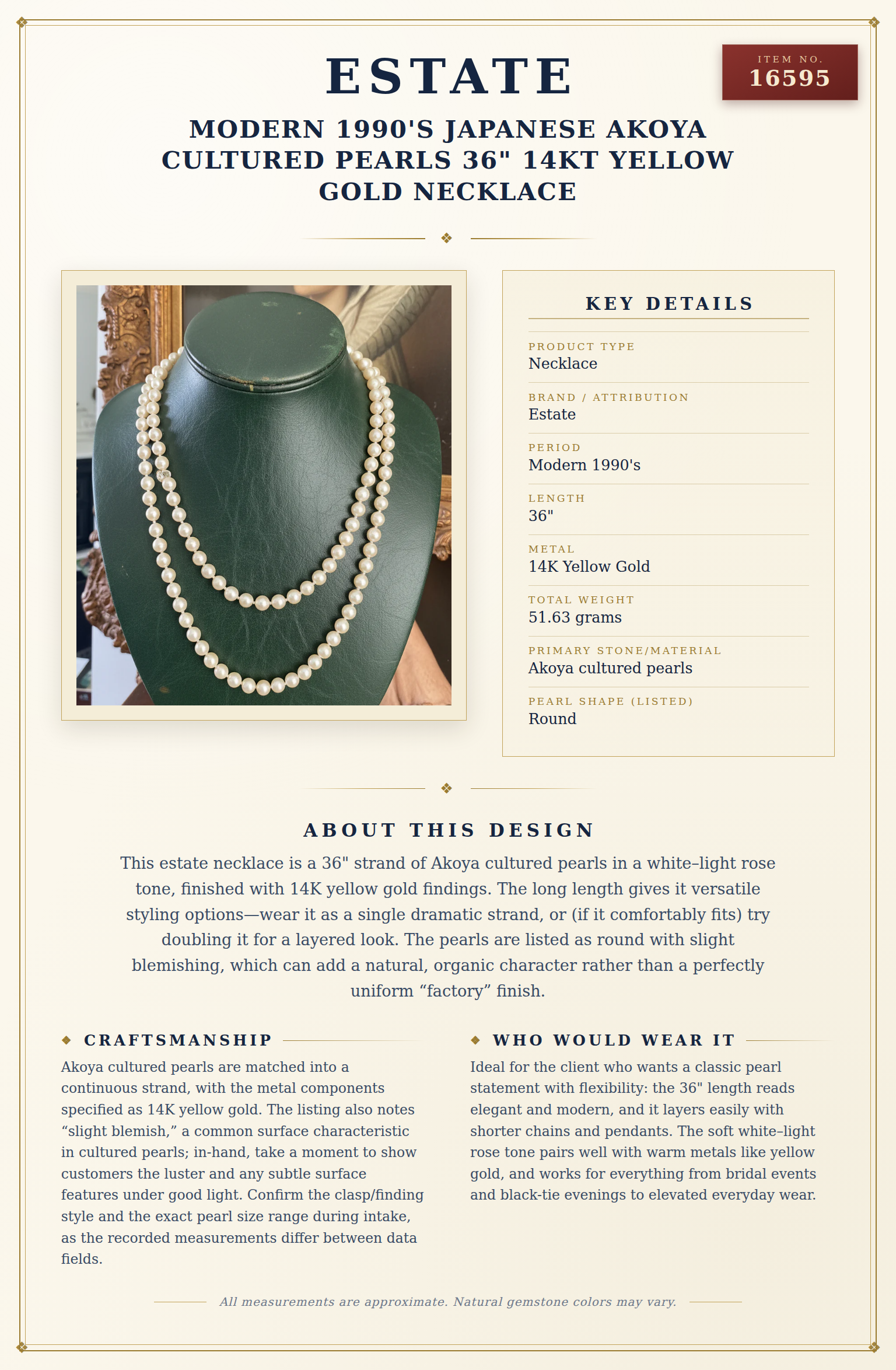 Modern 1990's Japanese Akoya Cultured Pearls 36" 14kt Yellow Gold Necklace — anatomy card