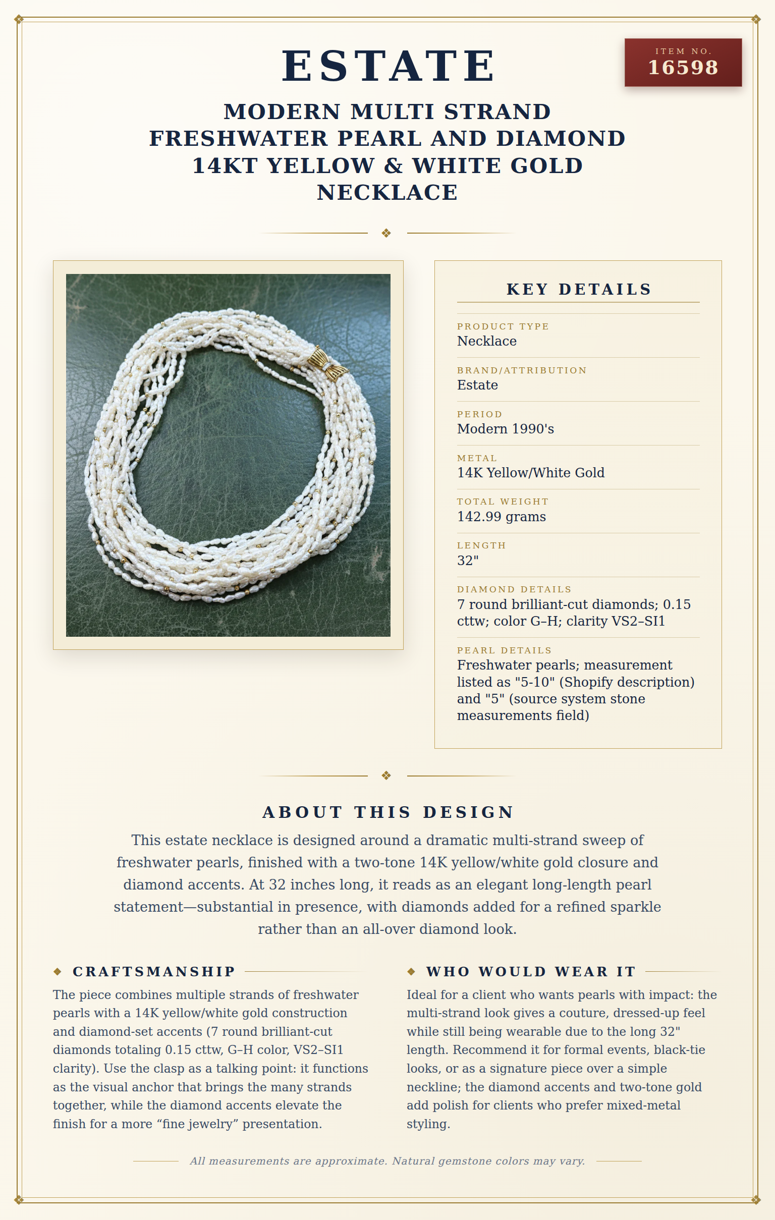 Modern Multi Strand Freshwater Pearl and Diamond 14kt Yellow & White Gold Necklace — anatomy card