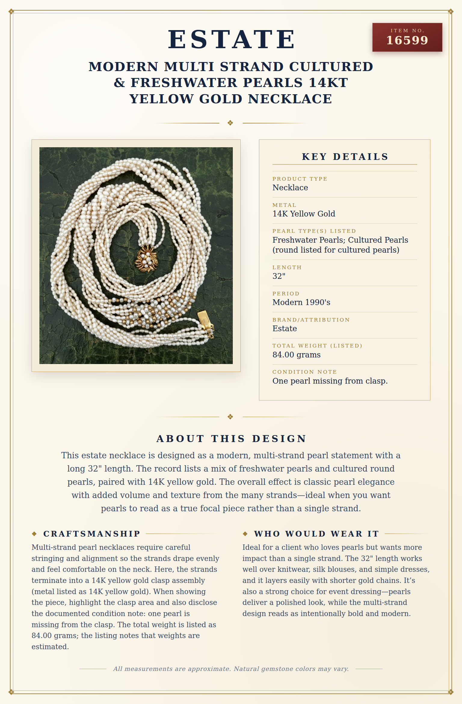 Modern Multi Strand Cultured & Freshwater Pearls 14kt Yellow Gold Necklace — anatomy card