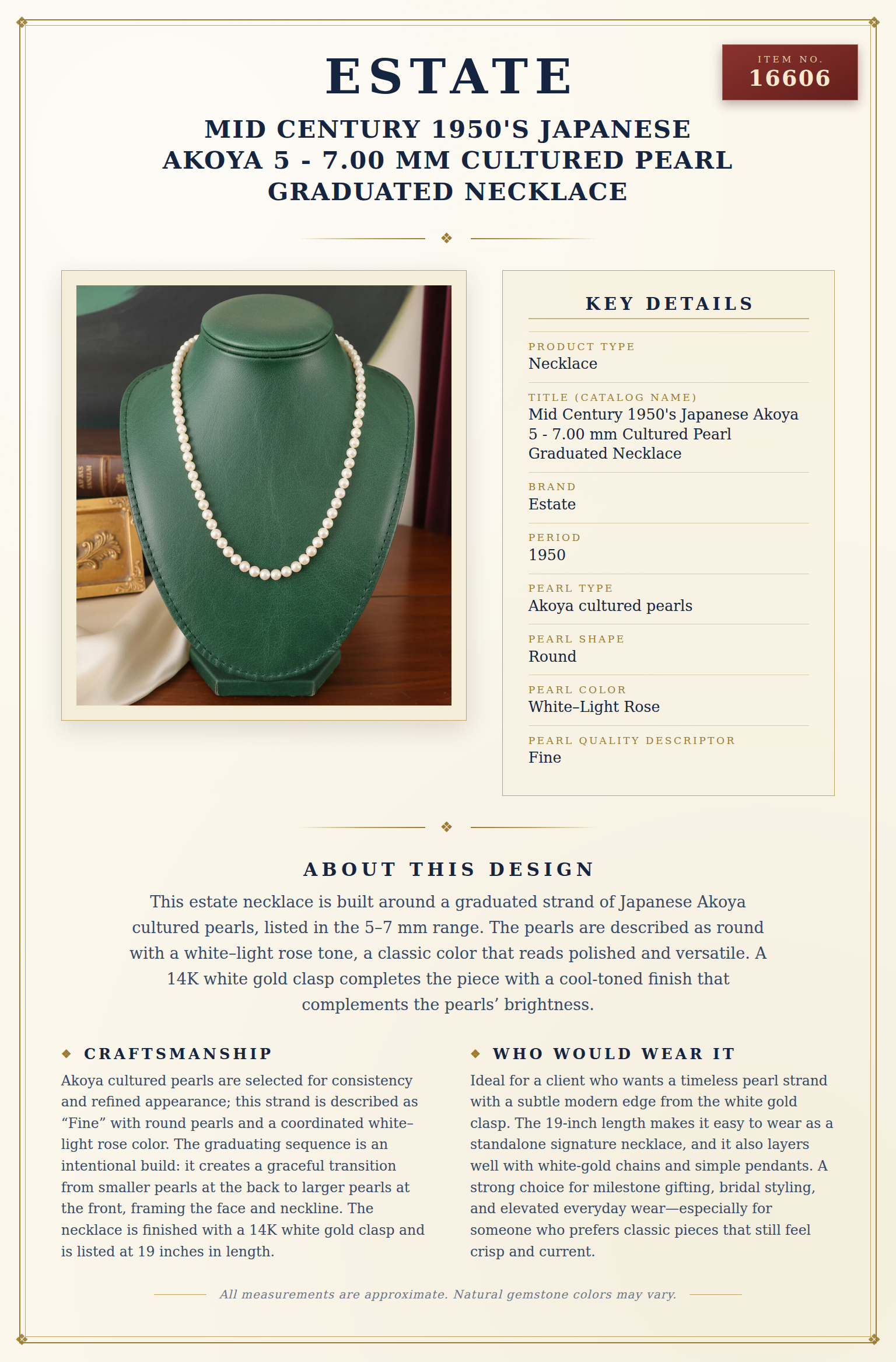 Mid Century 1950's Japanese Akoya 5 - 7.00 mm Cultured Pearl Graduated Necklace — anatomy card