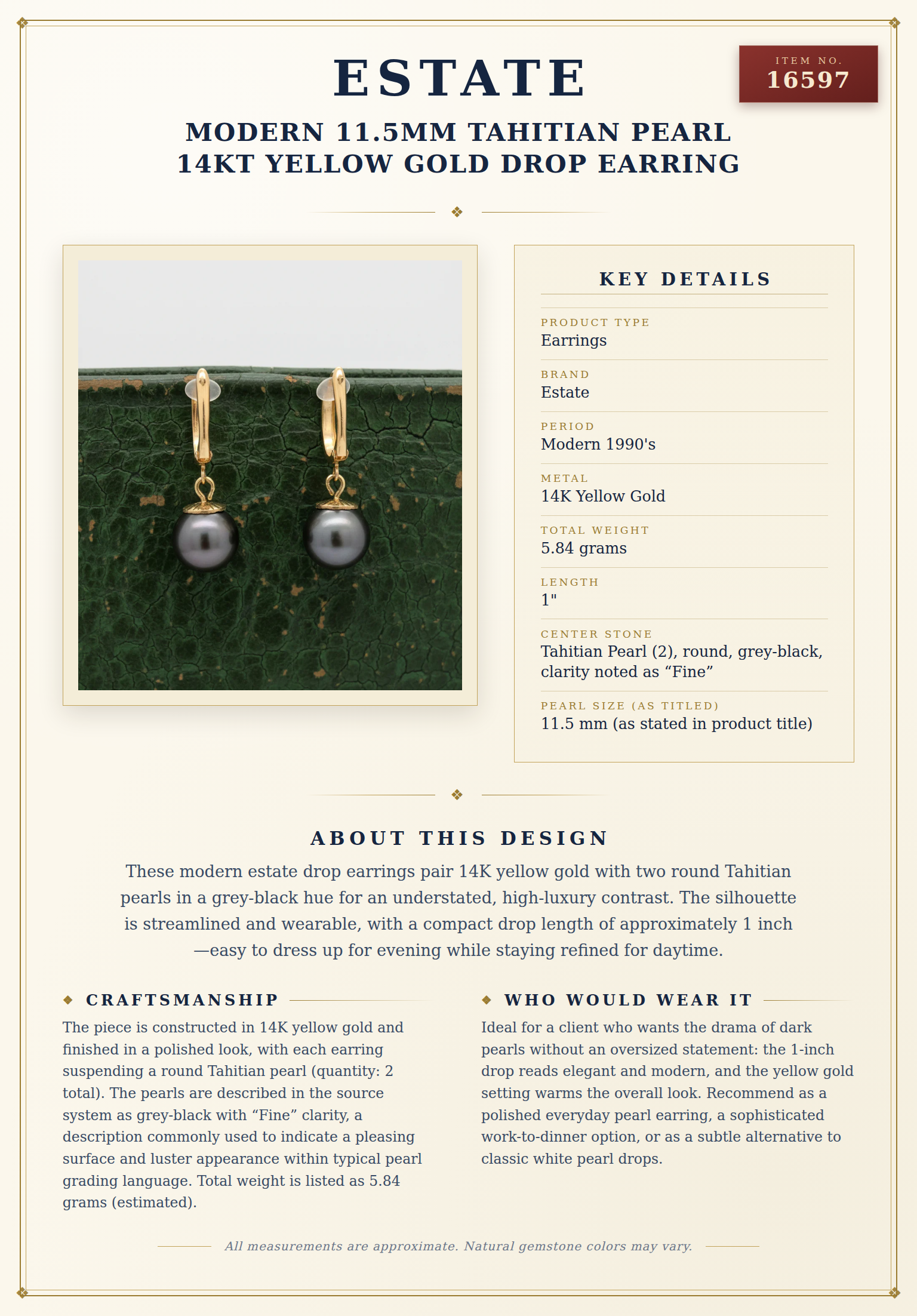 Modern 11.5mm Tahitian Pearl 14kt Yellow Gold Drop Earring — anatomy card