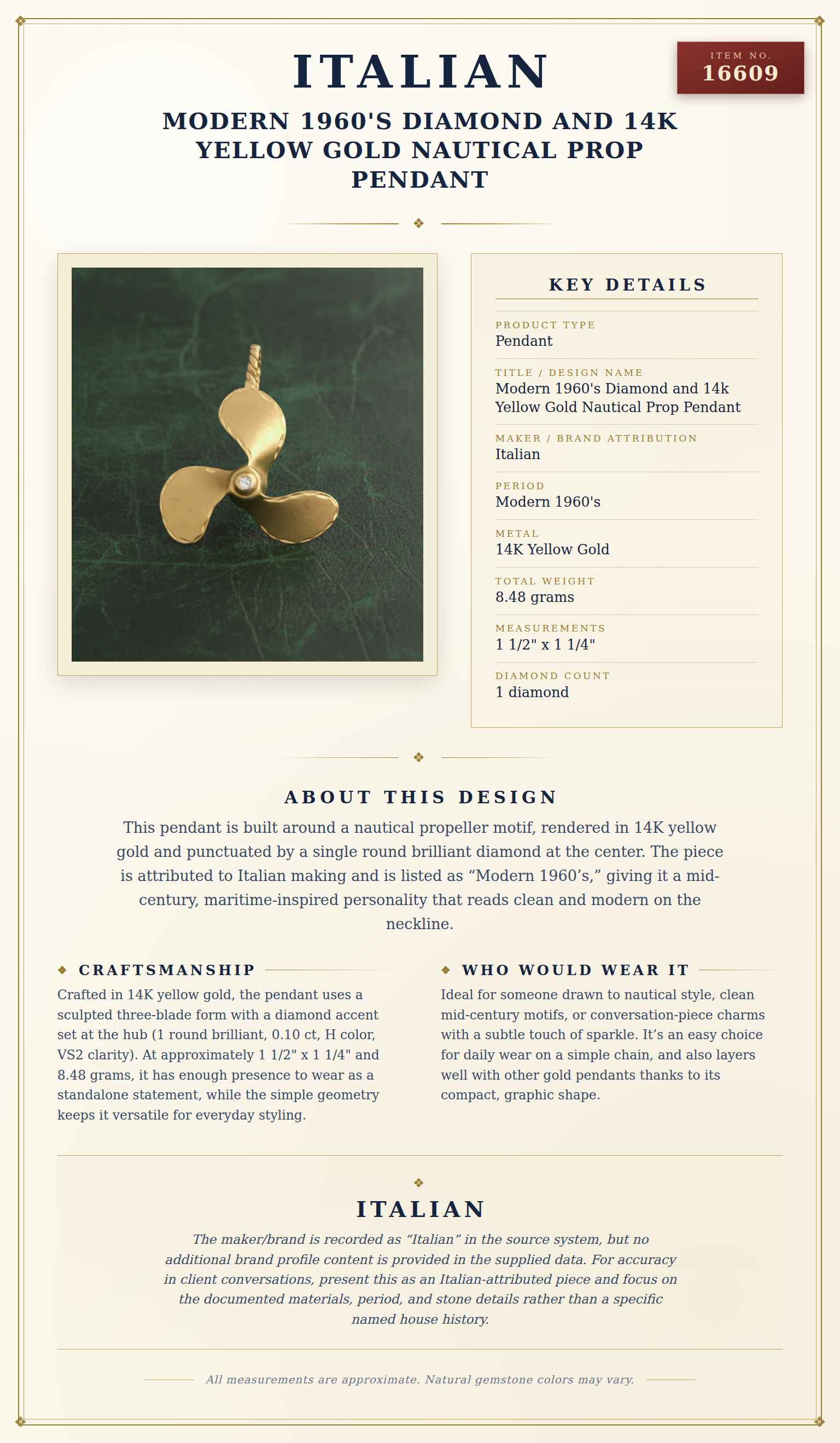 Modern 1960's Diamond and 14k Yellow Gold Nautical Prop Pendant — anatomy card