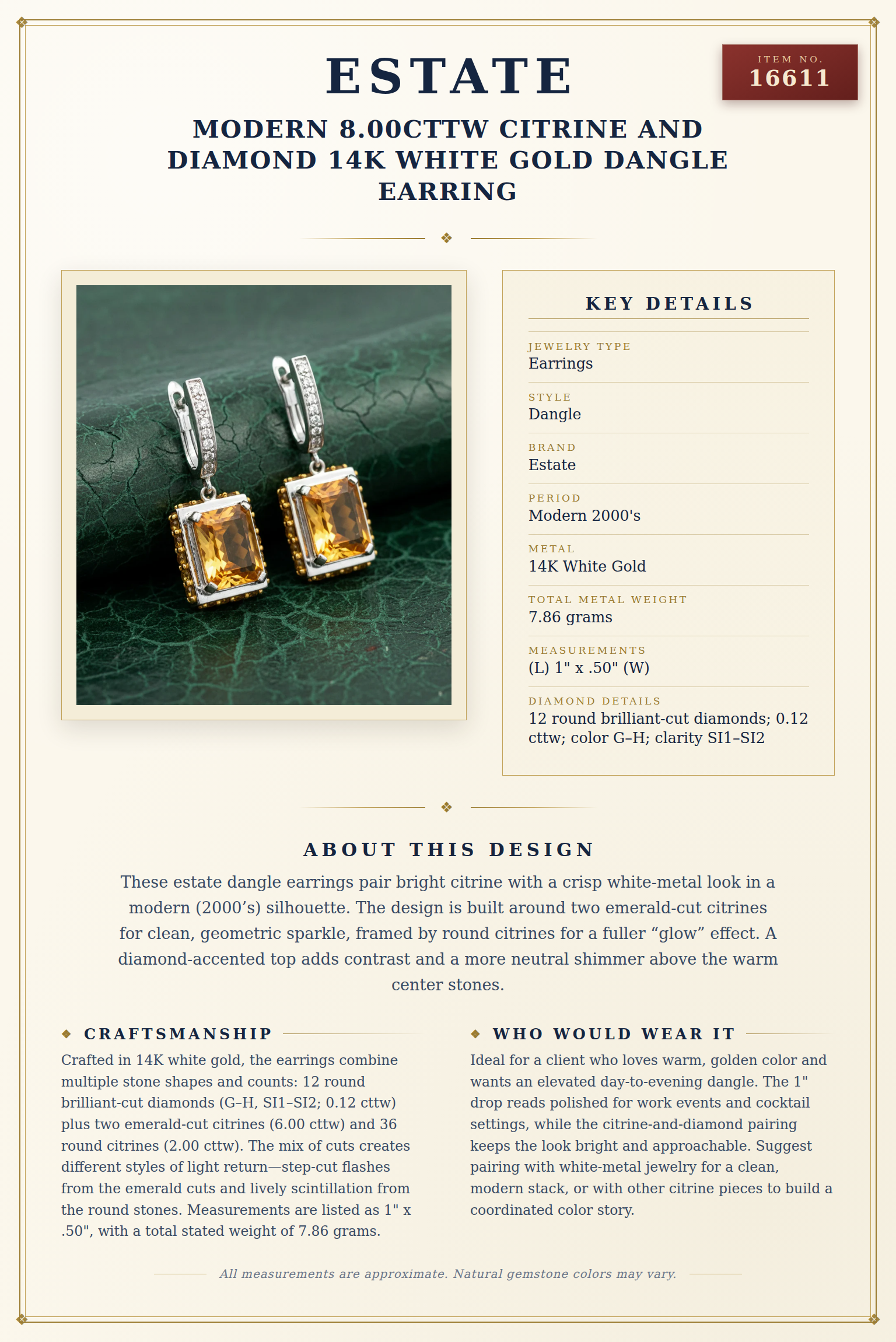 Modern 8.00cttw Citrine and Diamond 14k White Gold Dangle Earring — anatomy card