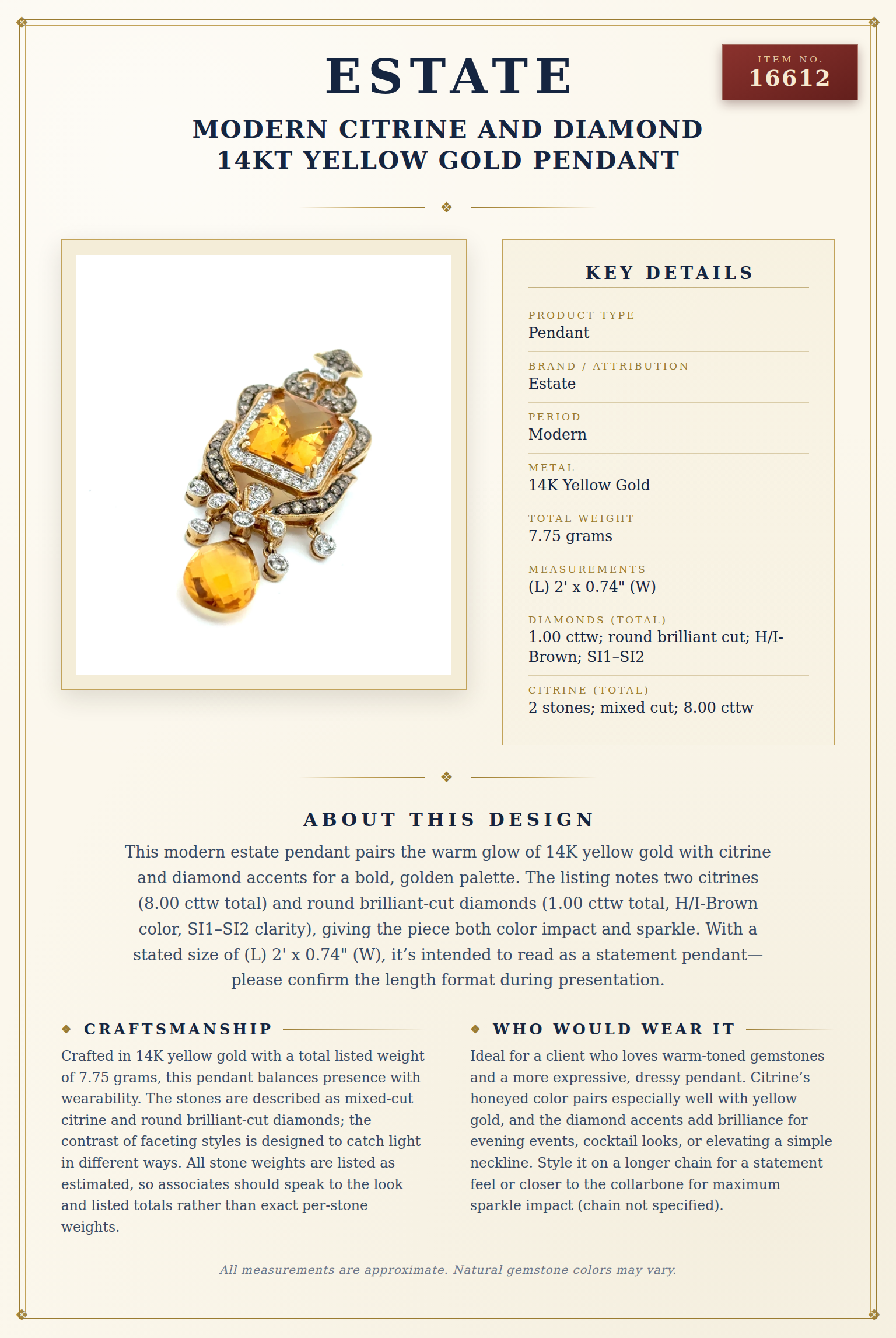 Modern Citrine and Diamond 14kt Yellow Gold Pendant — anatomy card