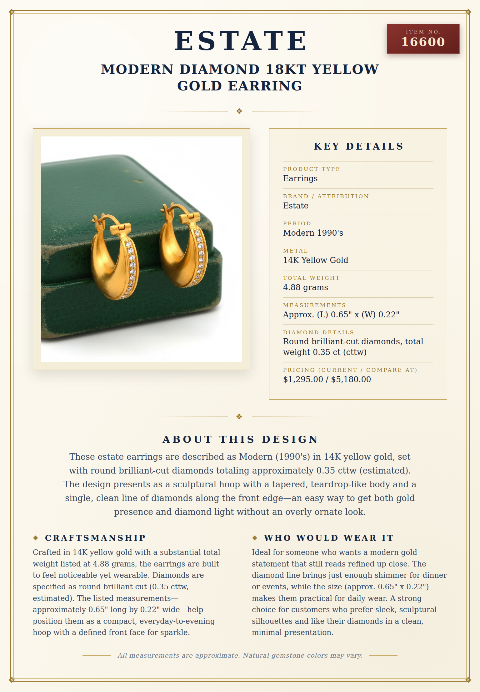 Modern Diamond 18Kt Yellow Gold Earring — anatomy card