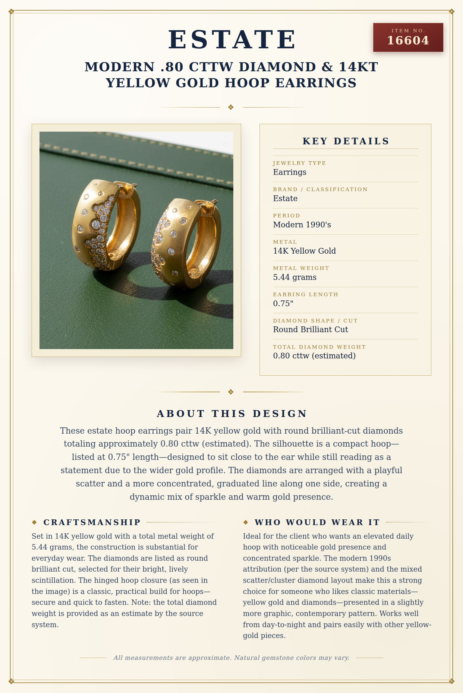 Modern .80 cttw Diamond & 14Kt Yellow Gold Hoop Earrings — anatomy card