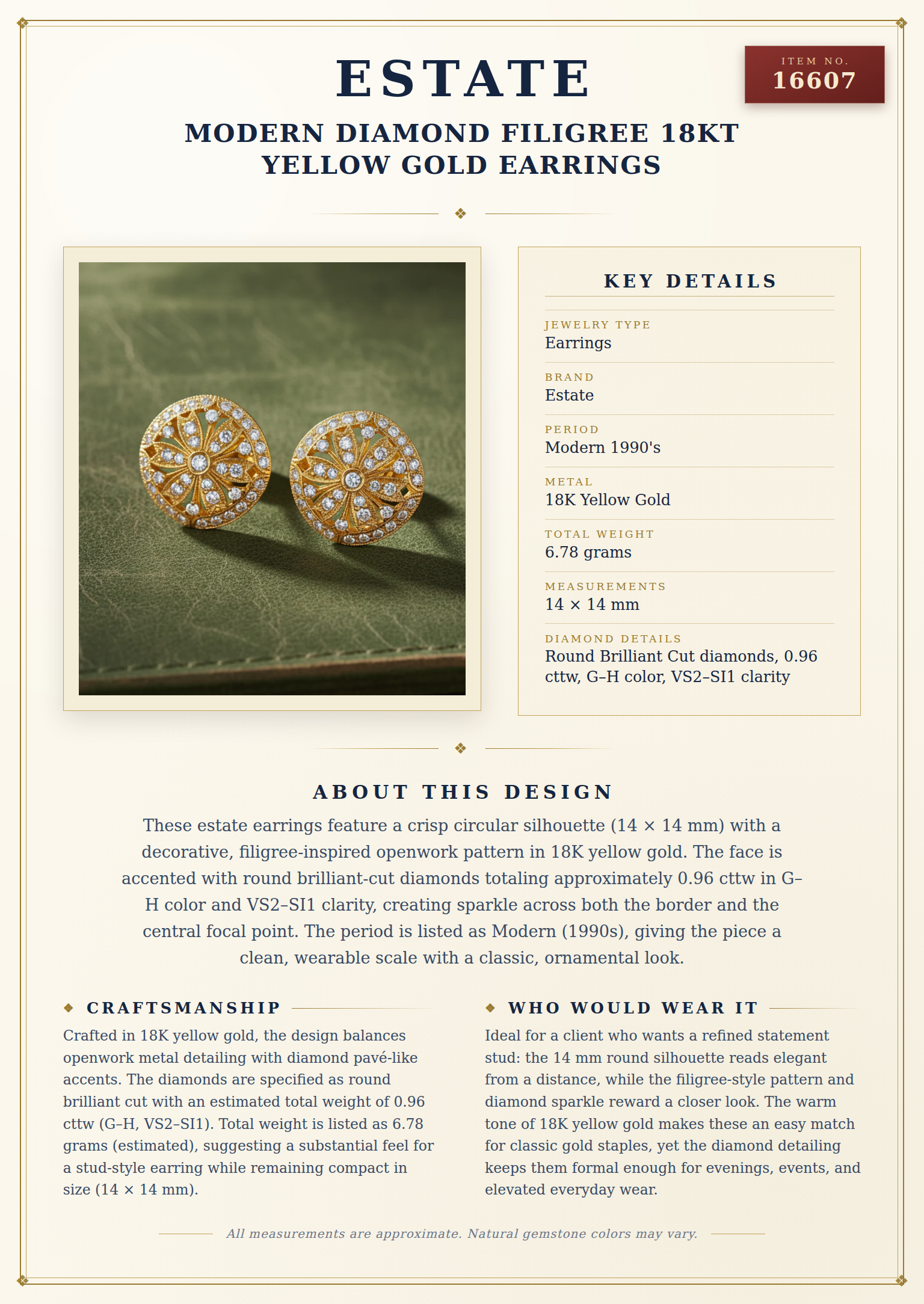 Modern Diamond Filigree 18Kt Yellow Gold Earrings — anatomy card