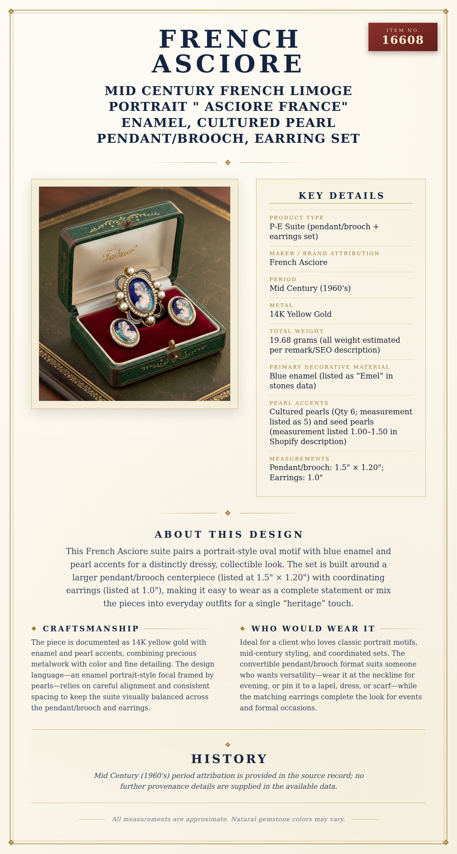 Mid Century French Limoge Portrait  " Asciore France" Enamel, Cultured Pearl Pendant/Brooch, Earring Set — anatomy card