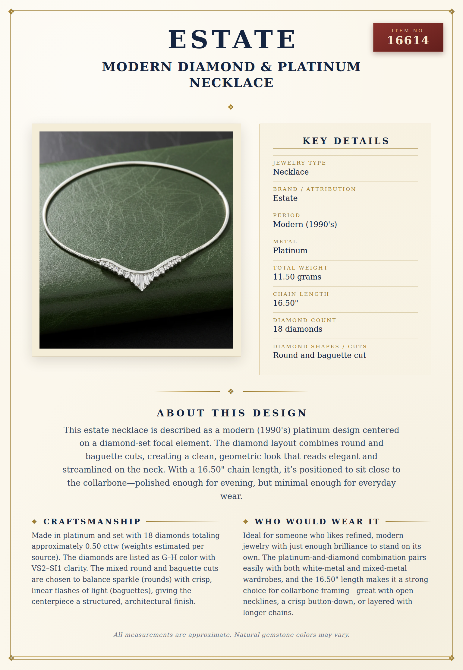 Modern Diamond & Platinum Necklace — anatomy card