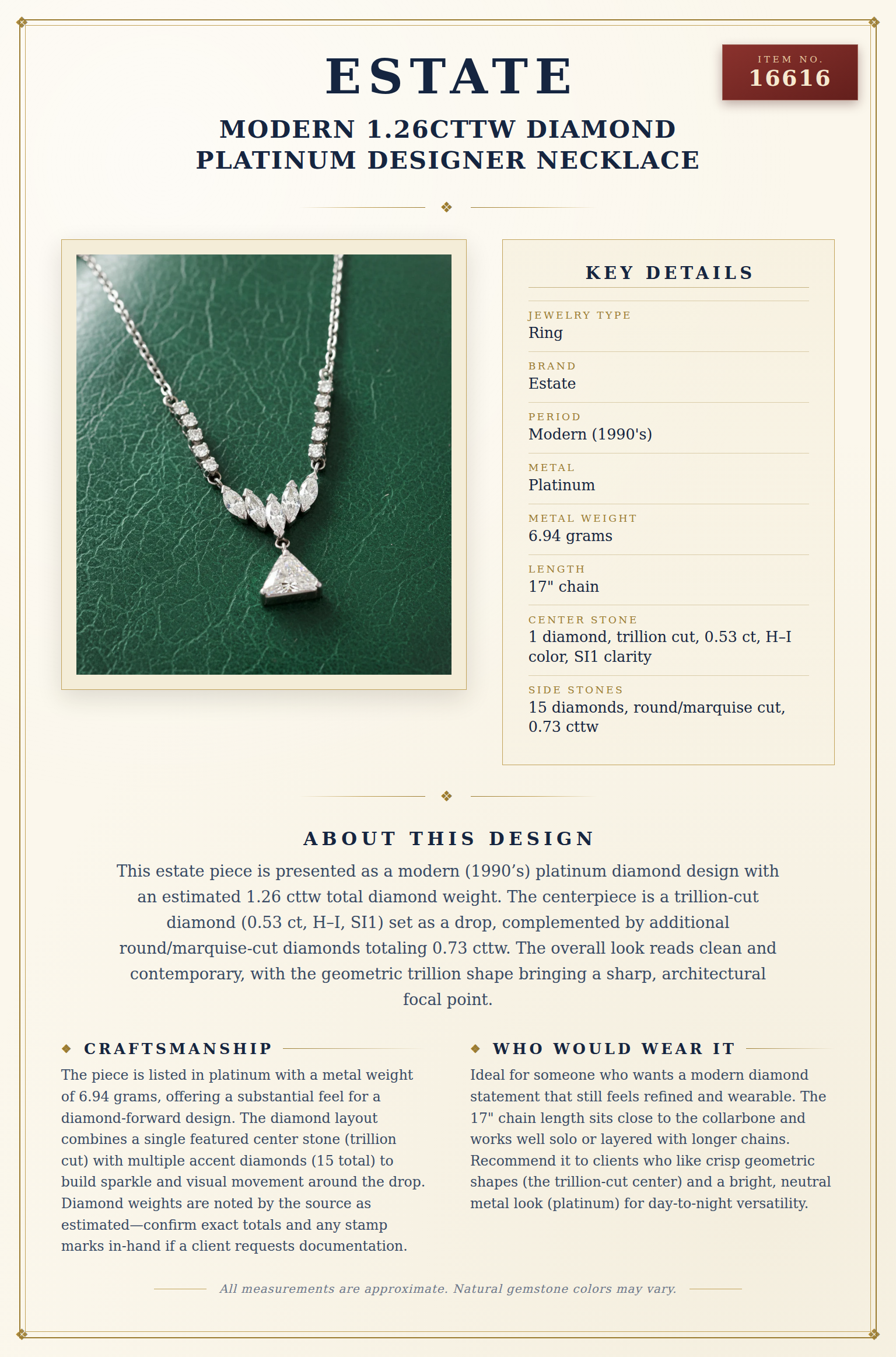 Modern 1.26cttw Diamond Platinum Designer Necklace — anatomy card