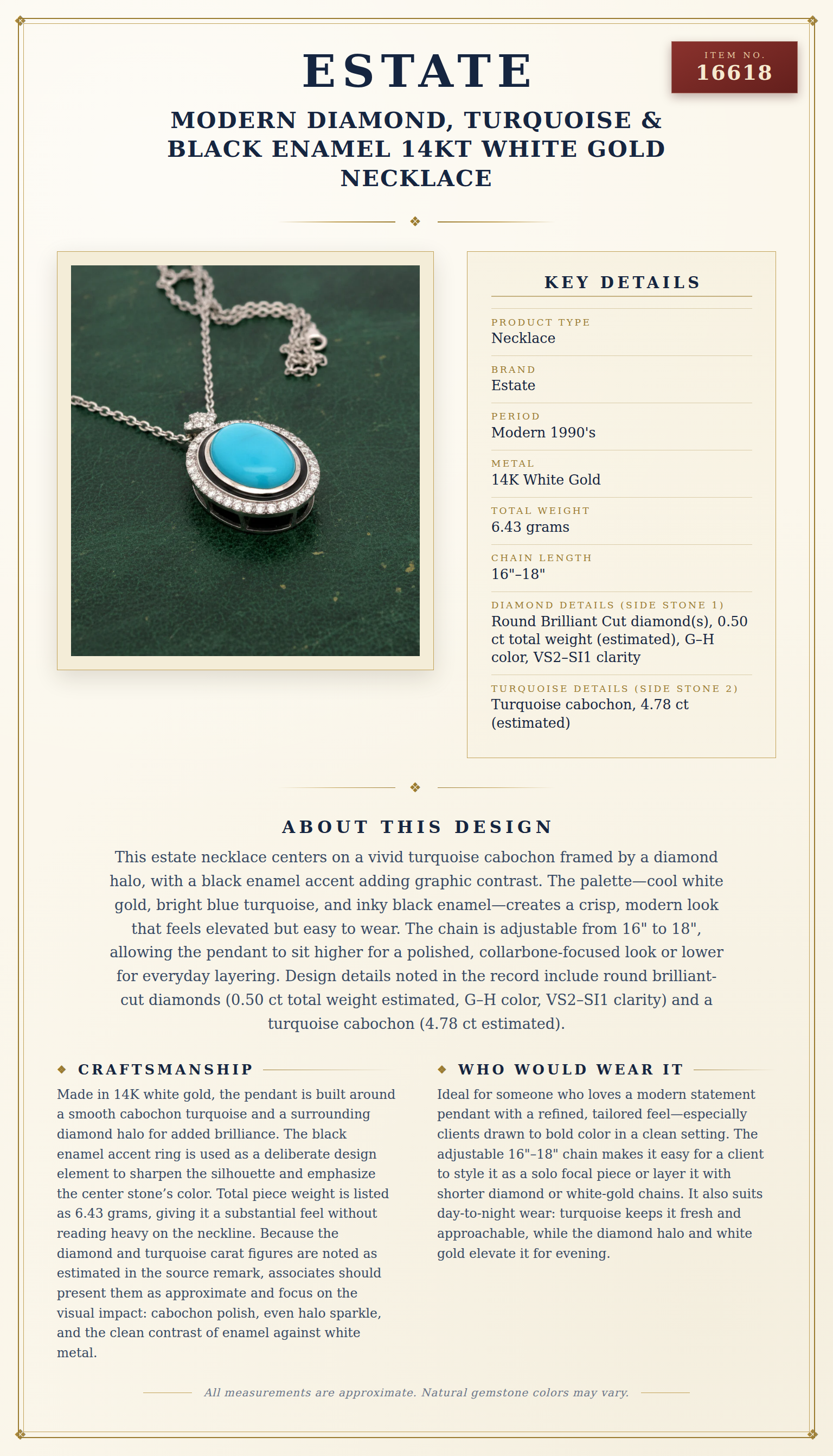 Modern Diamond, Turquoise & Black Enamel 14Kt White Gold Necklace — anatomy card