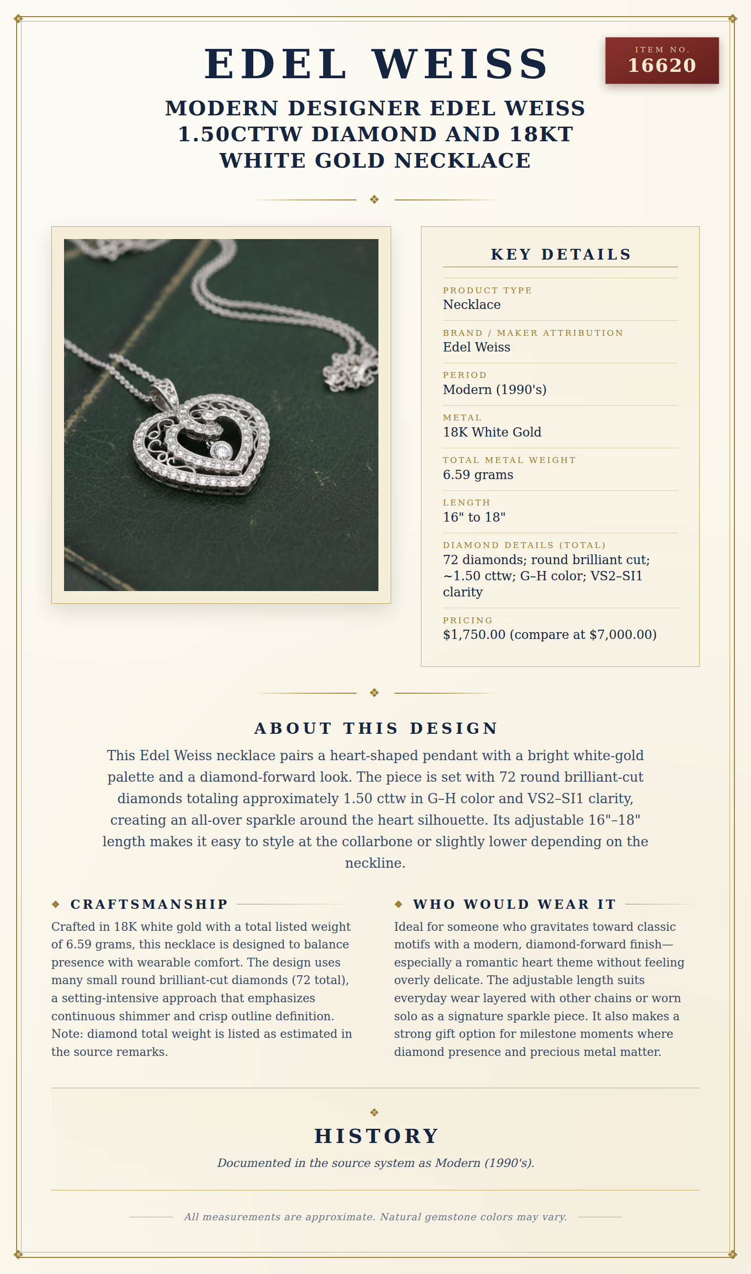 Modern Designer Edel Weiss 1.50cttw Diamond and 18Kt White Gold Necklace — anatomy card
