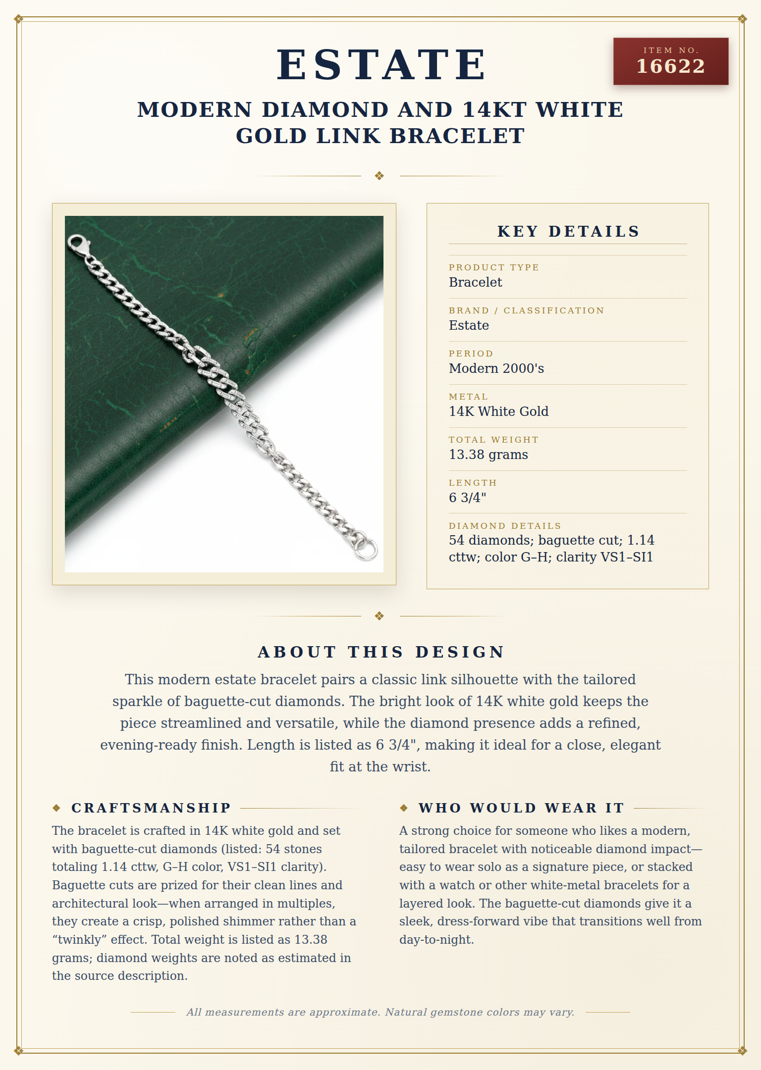 Modern Diamond and 14Kt White Gold Link Bracelet — anatomy card