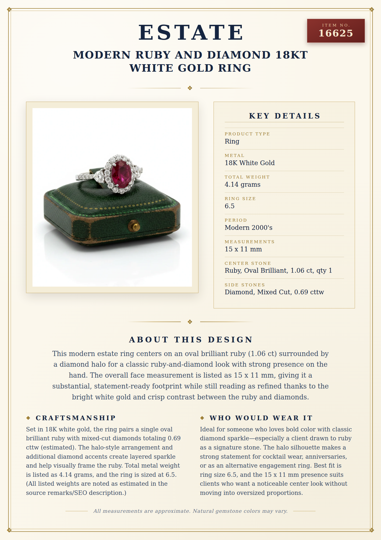 Modern Ruby and Diamond 18Kt White Gold Ring — anatomy card