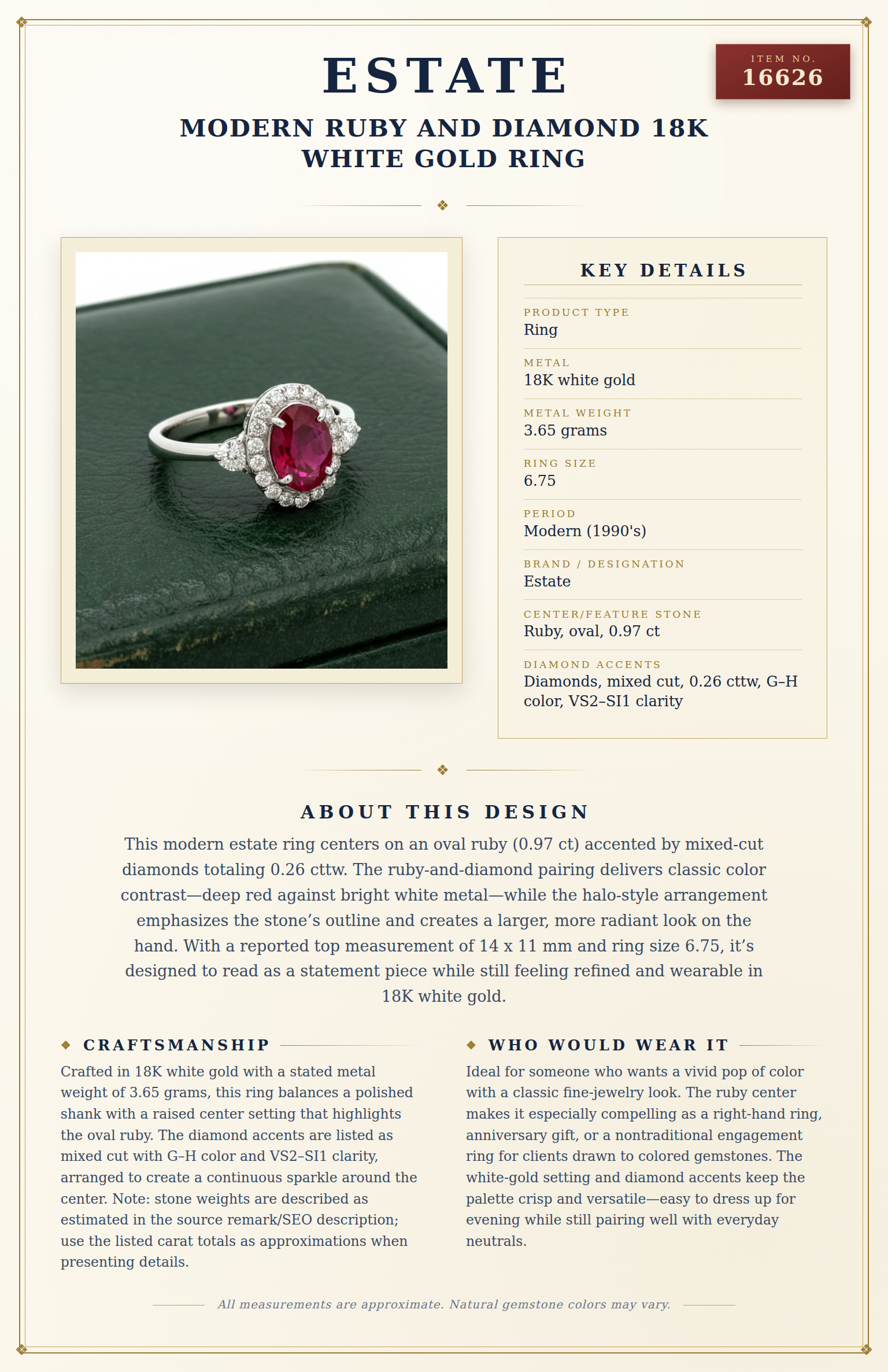 Modern Ruby and Diamond 18K White Gold Ring — anatomy card