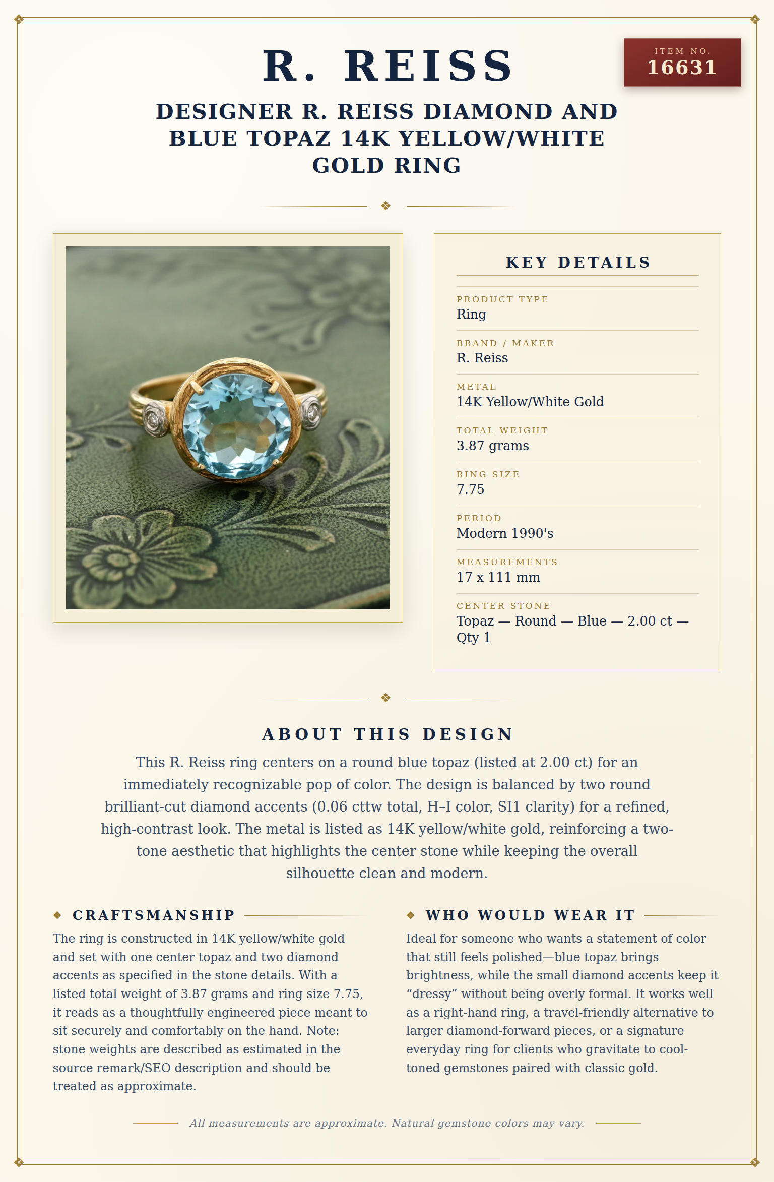 Designer R. Reiss Diamond and Blue Topaz 14K Yellow/White Gold Ring — anatomy card