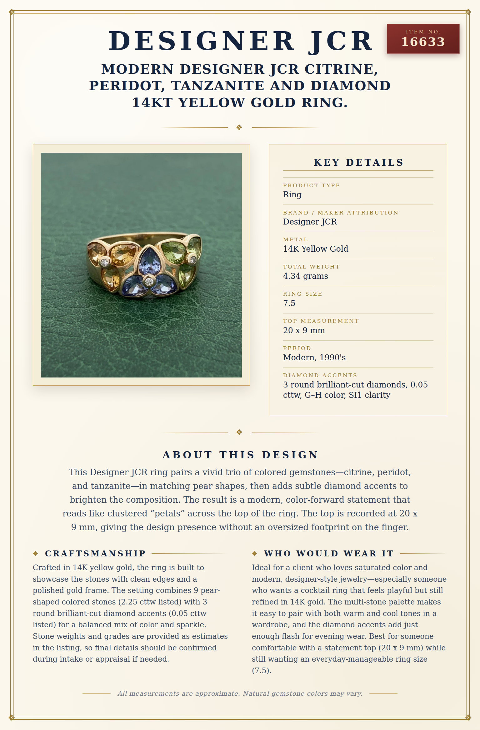 Modern Designer JCR Citrine, Peridot, Tanzanite and Diamond 14Kt Yellow Gold Ring. — anatomy card