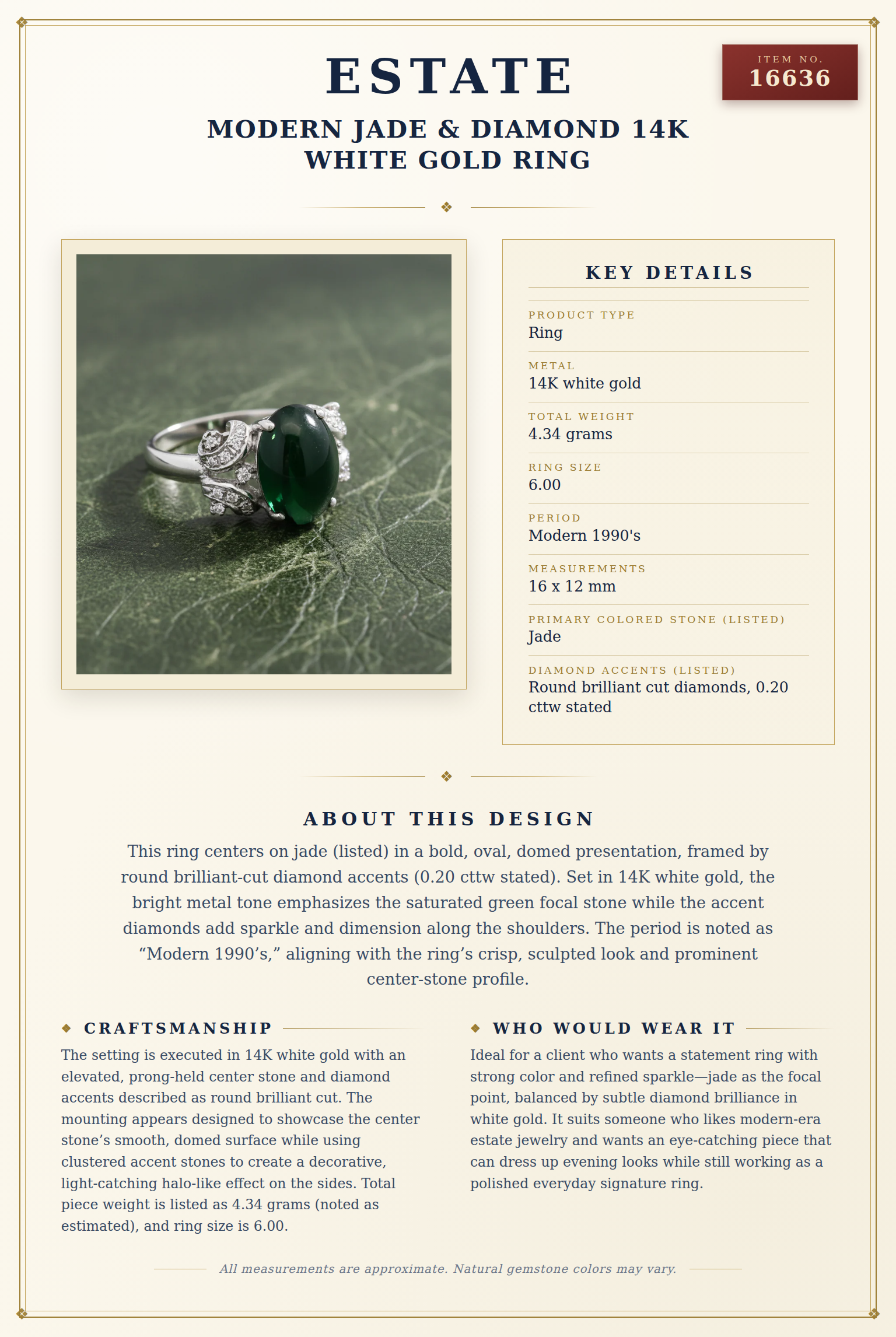 Modern Jade & Diamond 14K White Gold Ring — anatomy card