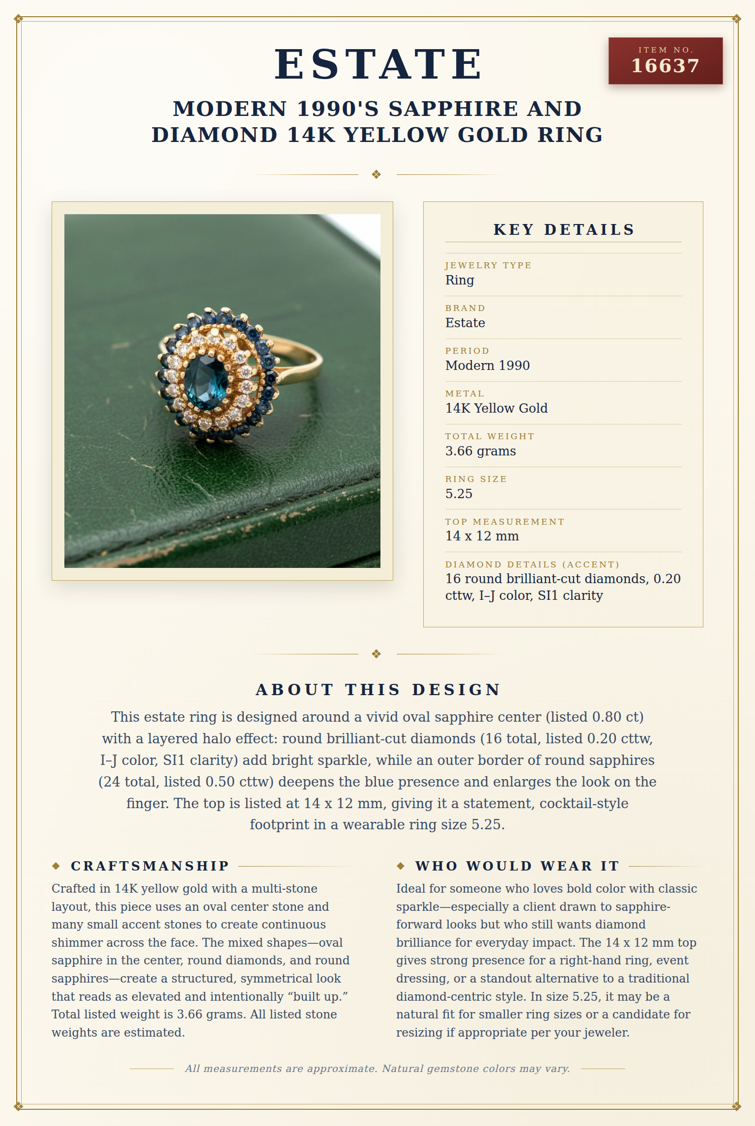 Modern 1990's Sapphire and Diamond 14K Yellow Gold Ring — anatomy card