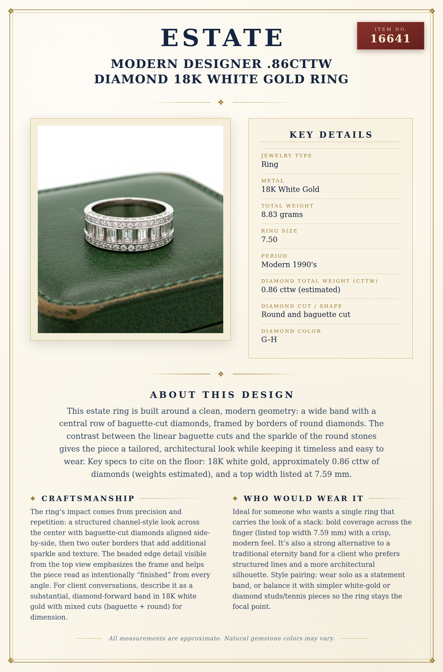 Modern Designer .86cttw Diamond 18K White Gold Ring — anatomy card
