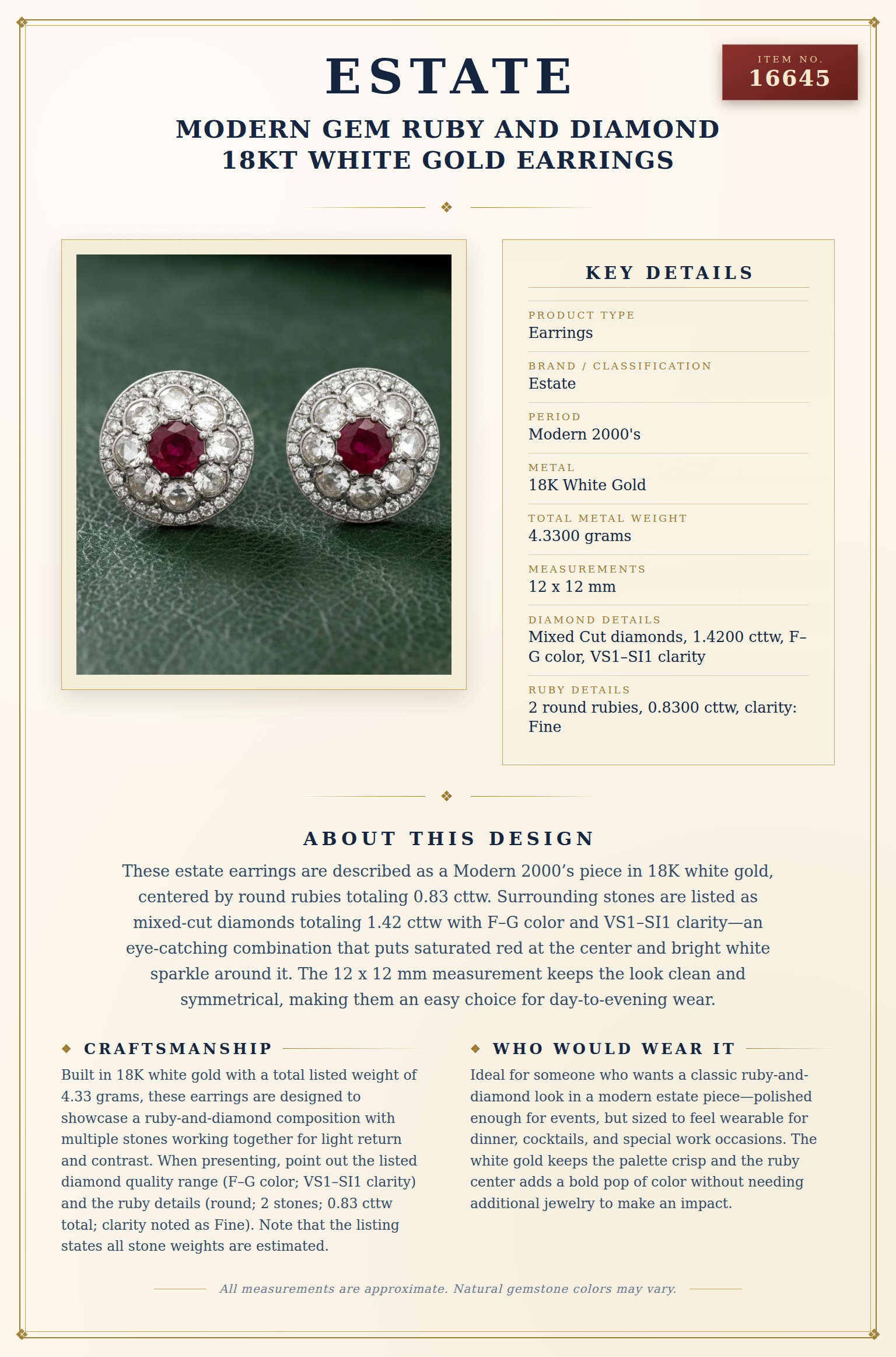 Modern Gem Ruby and Diamond 18Kt White Gold Earrings — anatomy card