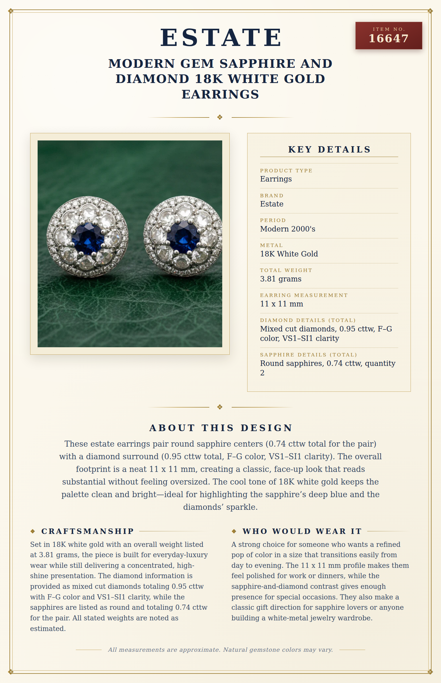 Modern Gem Sapphire and Diamond 18K White Gold Earrings — anatomy card