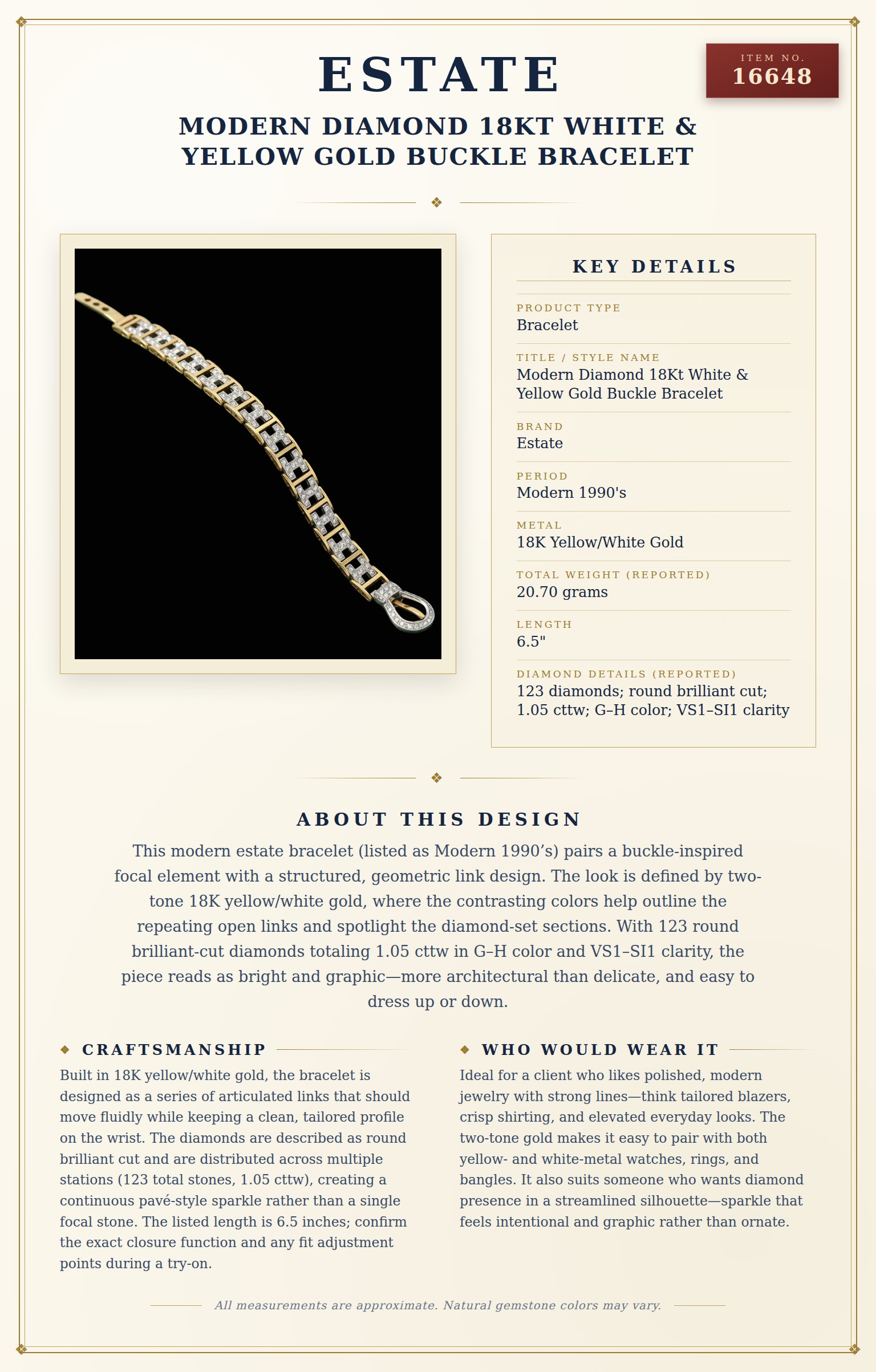 Modern Diamond 18Kt White & Yellow Gold Buckle Bracelet — anatomy card