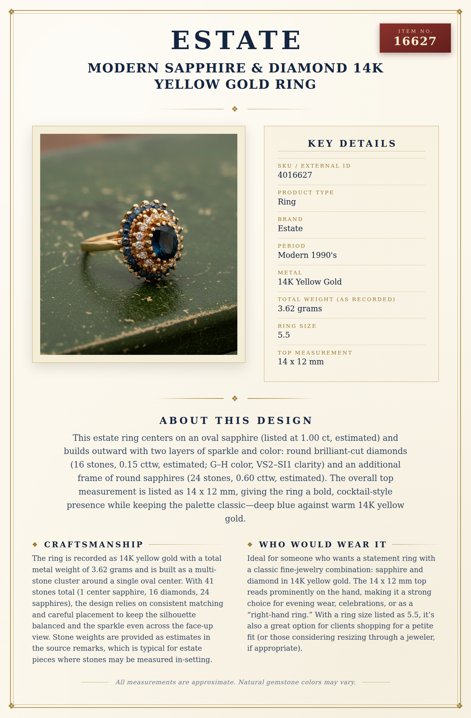 Modern Sapphire & Diamond 14k Yellow Gold Ring — anatomy card