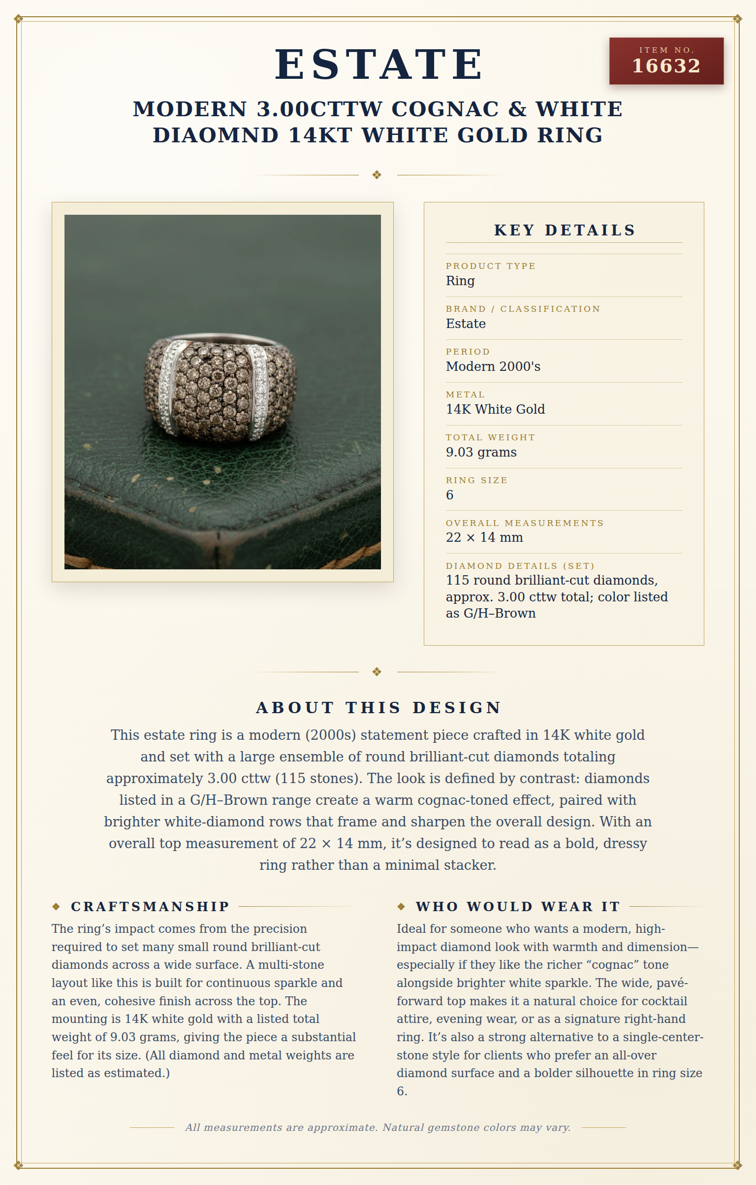 Modern 3.00cttw Cognac & White Diaomnd 14kt White Gold Ring — anatomy card