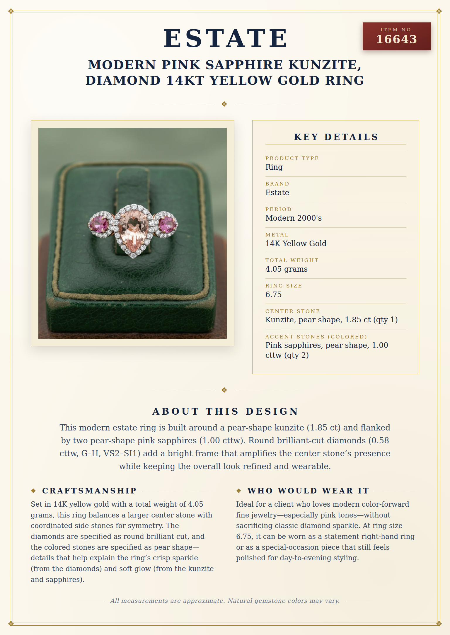 Modern Pink Sapphire Kunzite, Diamond 14kt Yellow Gold Ring — anatomy card