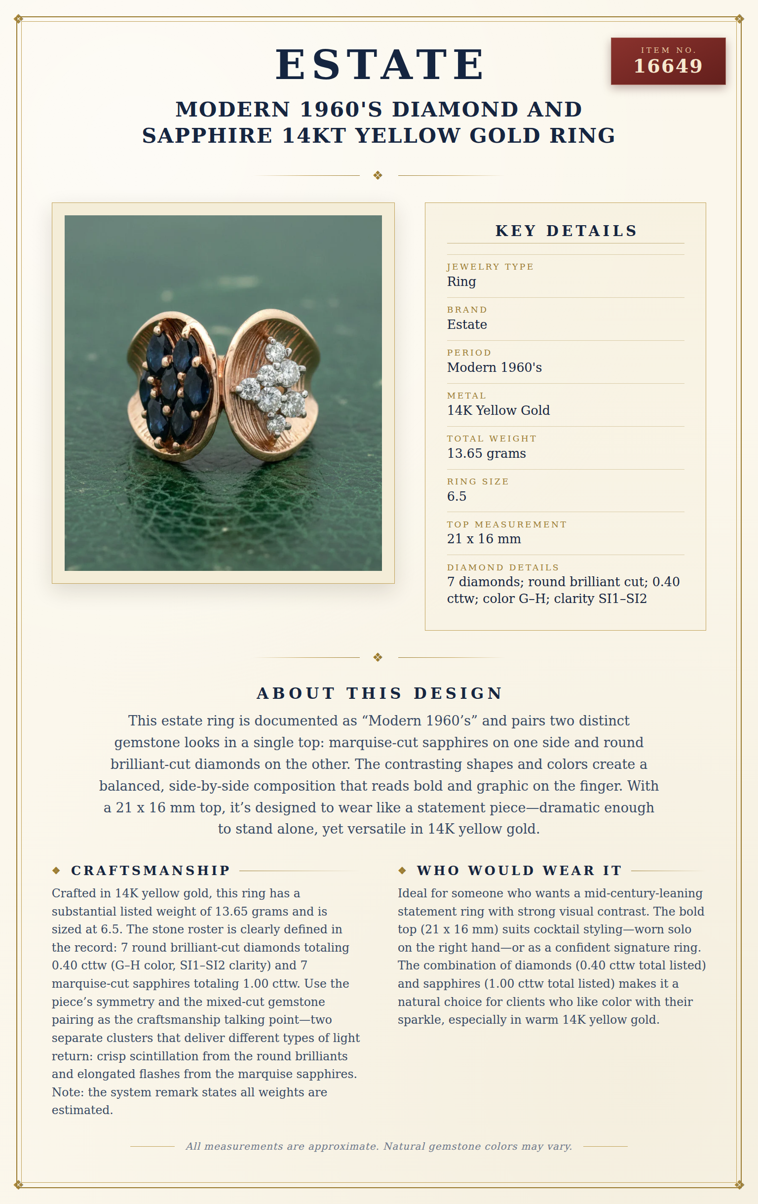 Modern 1960's Diamond and Sapphire 14kt Yellow Gold Ring — anatomy card