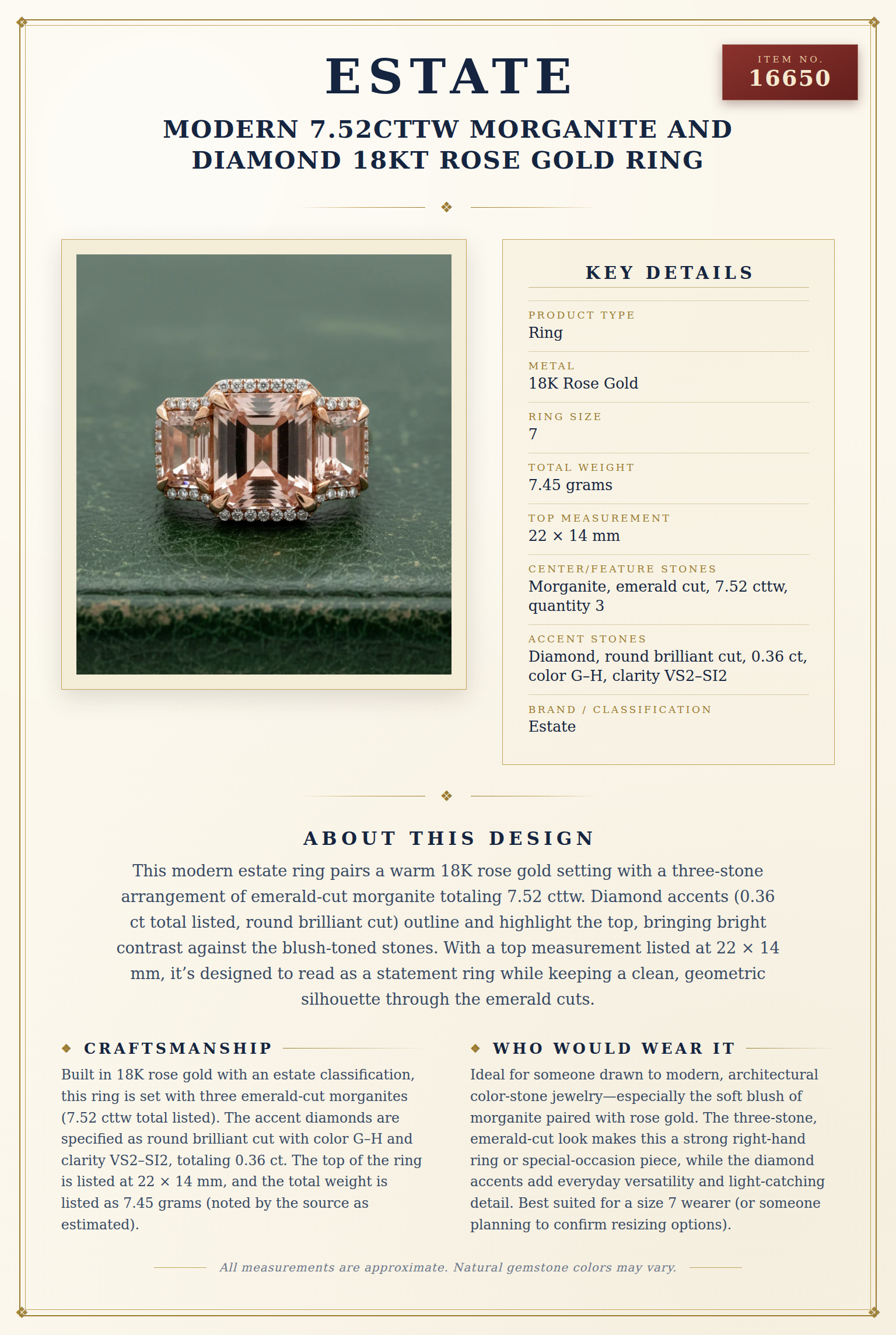 Modern 7.52cttw Morganite and Diamond 18kt Rose Gold Ring — anatomy card