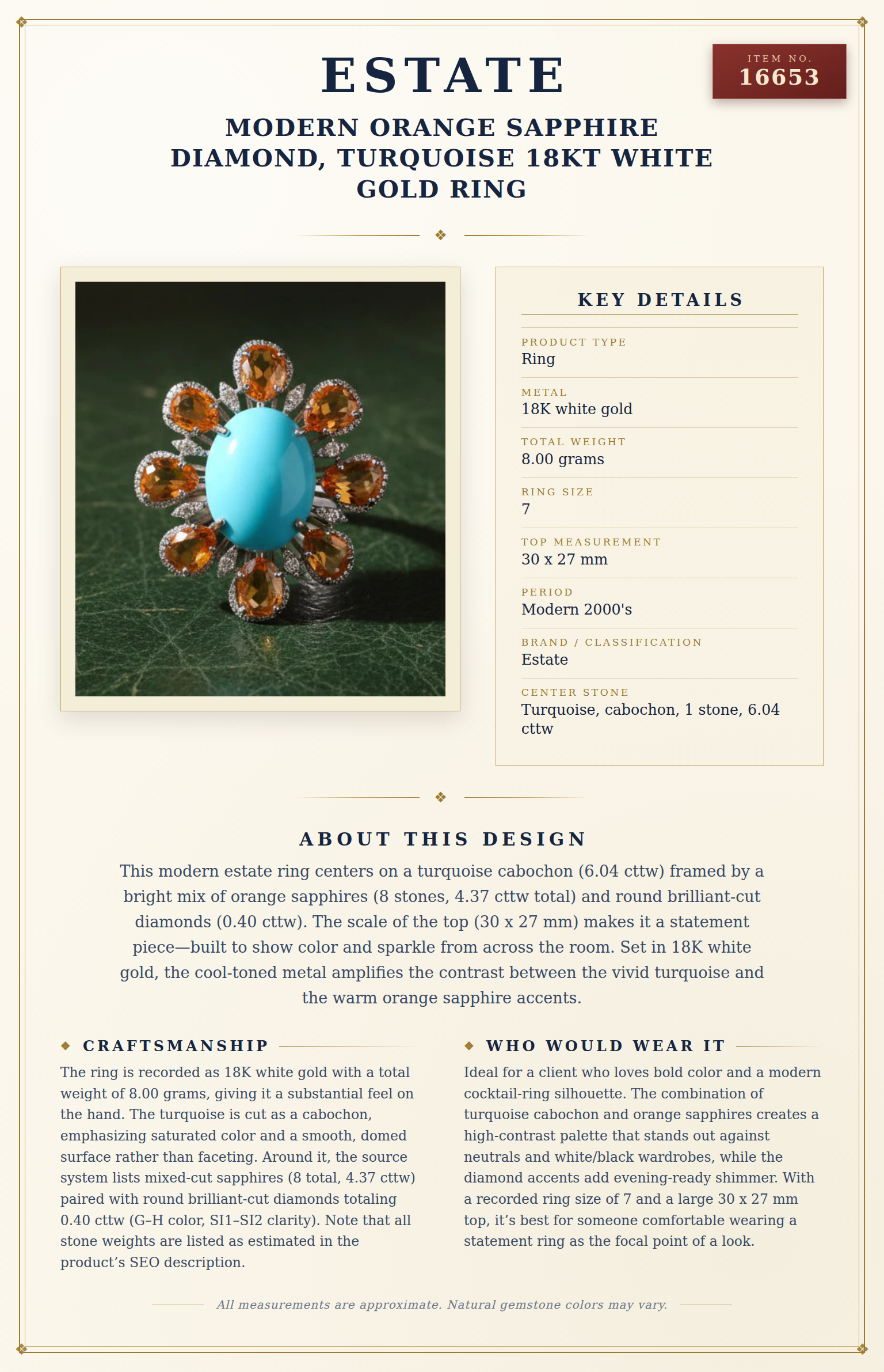 Modern Orange Sapphire Diamond, Turquoise 18kt White Gold Ring — anatomy card