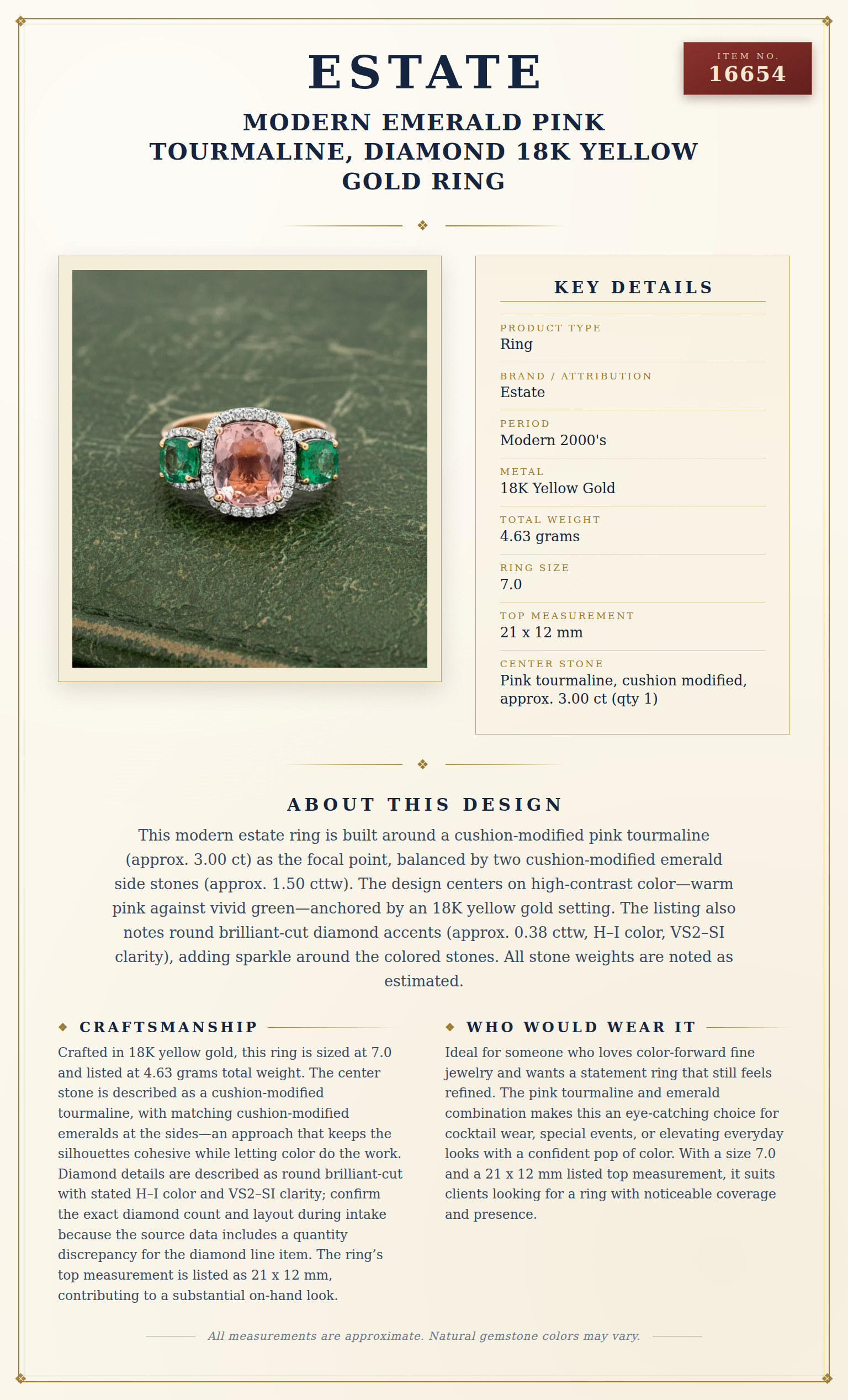 Modern Emerald Pink Tourmaline, Diamond 18K Yellow Gold Ring — anatomy card