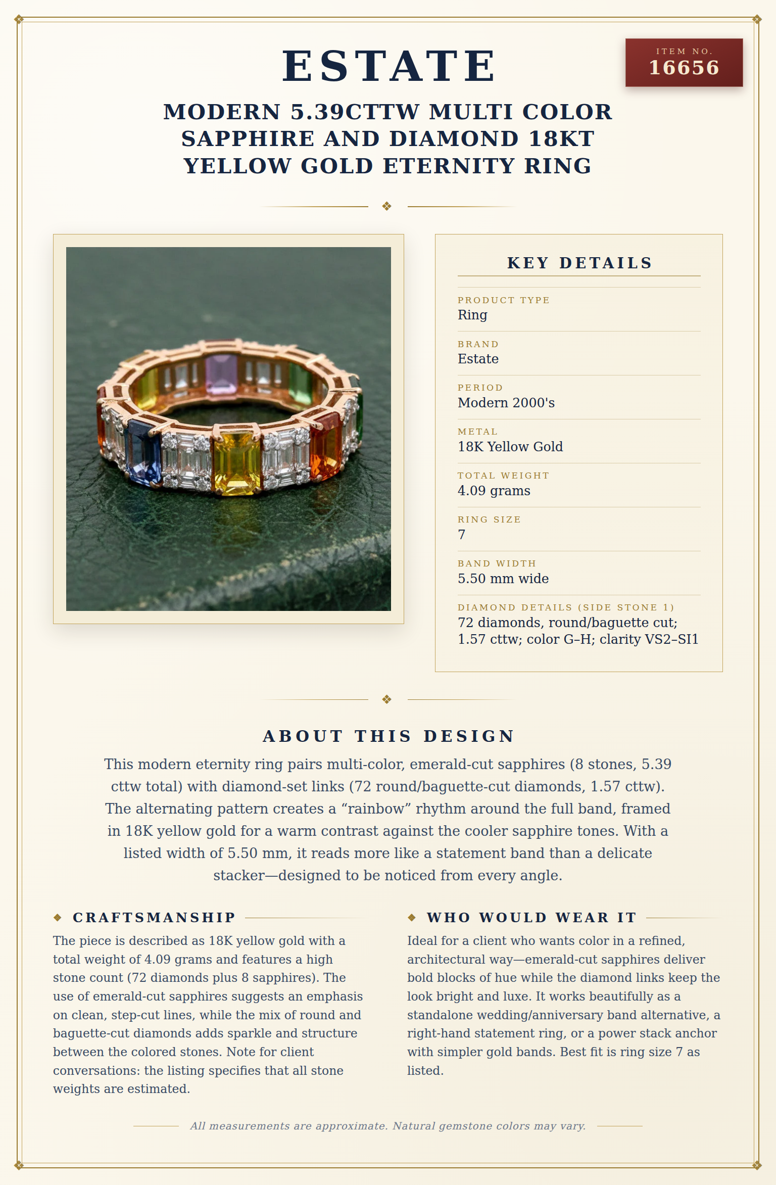 Modern 5.39cttw Multi Color Sapphire and Diamond 18Kt Yellow Gold Eternity Ring — anatomy card