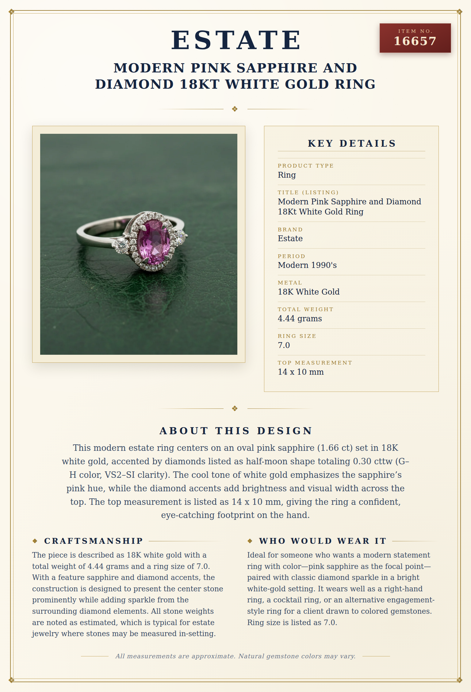 Modern Pink Sapphire and Diamond 18Kt White Gold Ring — anatomy card