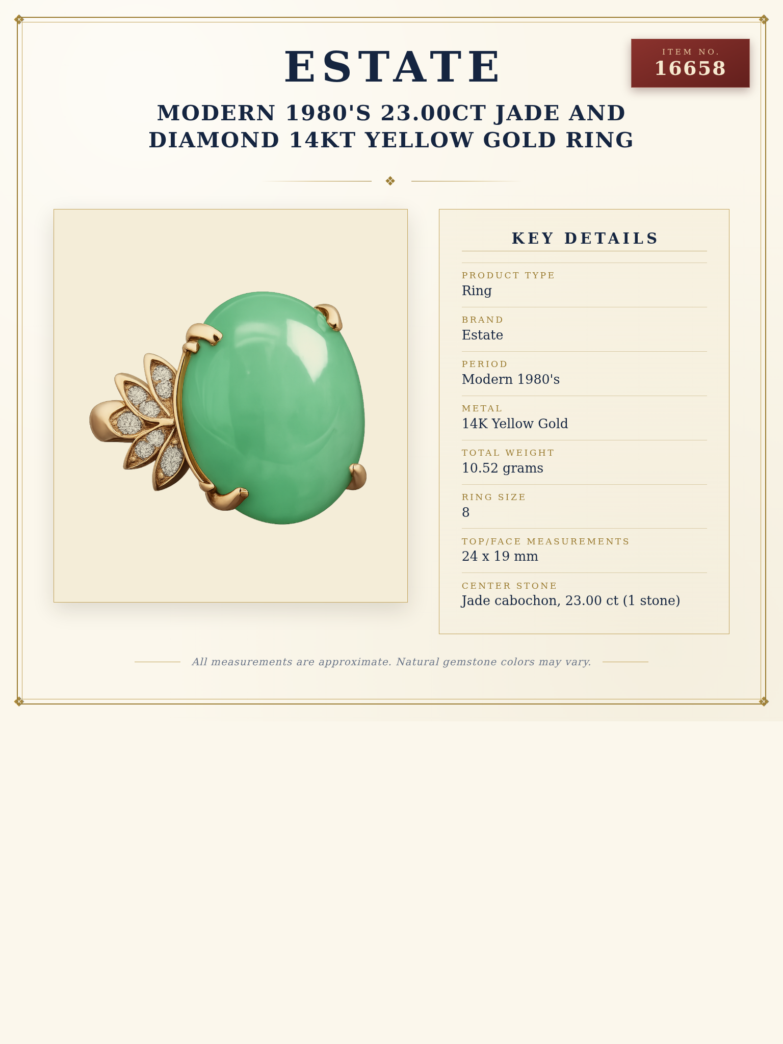Modern 1980's 23.00ct Jade and Diamond 14Kt Yellow Gold Ring — anatomy card