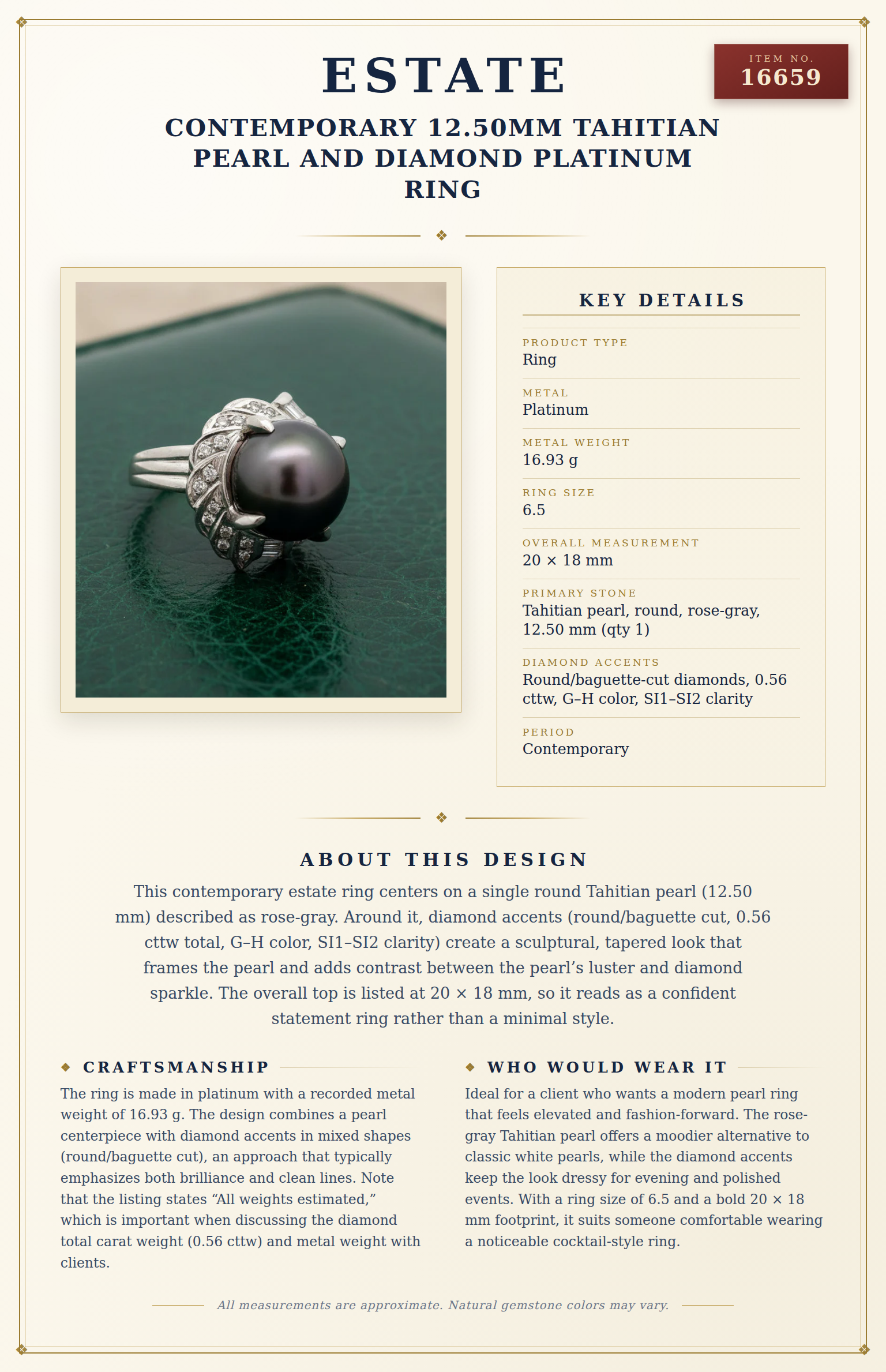 Contemporary 12.50mm Tahitian Pearl and Diamond Platinum Ring — anatomy card