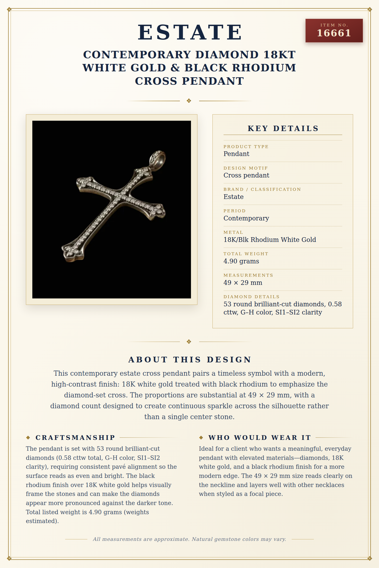 Contemporary Diamond 18Kt White Gold & Black Rhodium Cross Pendant — anatomy card