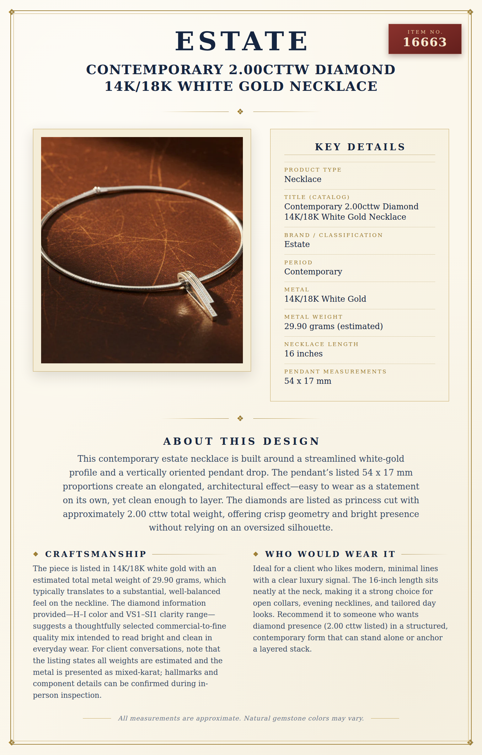 Contemporary 2.00cttw Diamond 14K/18K White Gold Necklace — anatomy card