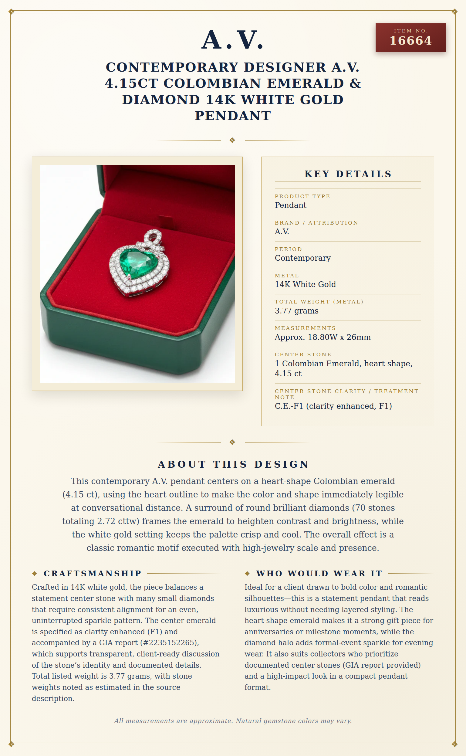 Contemporary Designer A.V. 4.15ct Colombian Emerald & Diamond 14K White Gold Pendant — anatomy card