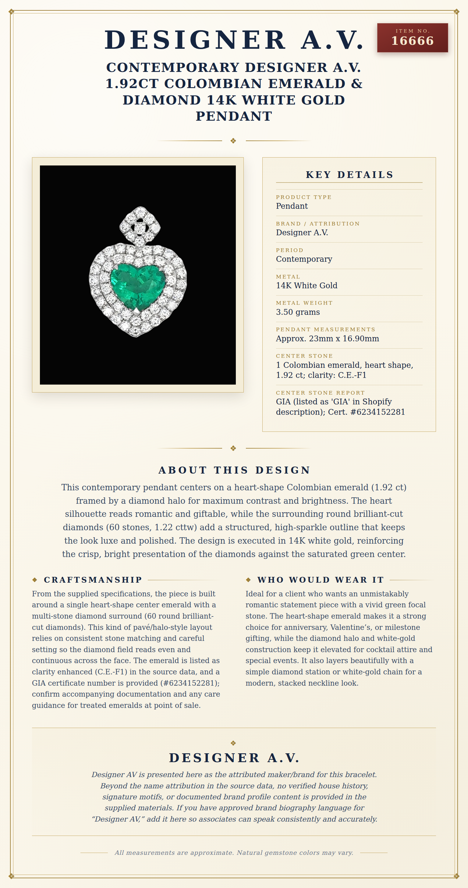 Contemporary Designer A.V. 1.92ct Colombian Emerald & Diamond 14K White Gold Pendant — anatomy card